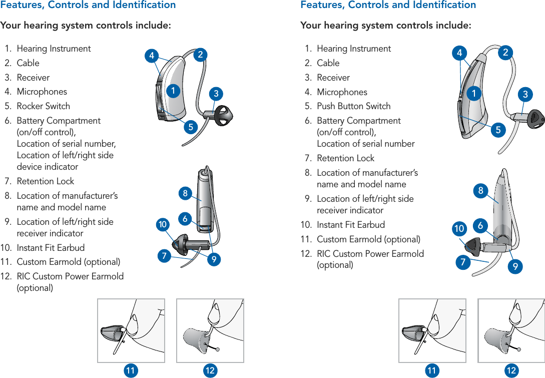 67RIC 312 OverviewRIC 312 OverviewFeatures, Controls and IdentiﬁcationYour hearing system controls include:Features, Controls and IdentiﬁcationYour hearing system controls include:  1.  Hearing Instrument 2. Cable 3. Receiver 4. Microphones  5.  Push Button Switch  6.   Battery  Compartment   (on/off control),  Location of serial number  7.  Retention Lock  8.   Location of manufacturer’s name and model name  9.   Location of left/right side receiver indicator 10.  Instant Fit Earbud 11.   Custom  Earmold  (optional) 12.   RIC Custom Power Earmold (optional)  1.  Hearing Instrument 2. Cable 3. Receiver 4. Microphones  5.  Rocker Switch  6.   Battery  Compartment   (on/off control),  Location of serial number, Location of left/right side device indicator  7.  Retention Lock  8.   Location of manufacturer’s name and model name  9.   Location of left/right side receiver indicator 10.  Instant Fit Earbud 11.   Custom  Earmold  (optional) 12.   RIC Custom Power Earmold (optional)42135710 689710 689421351111 1212