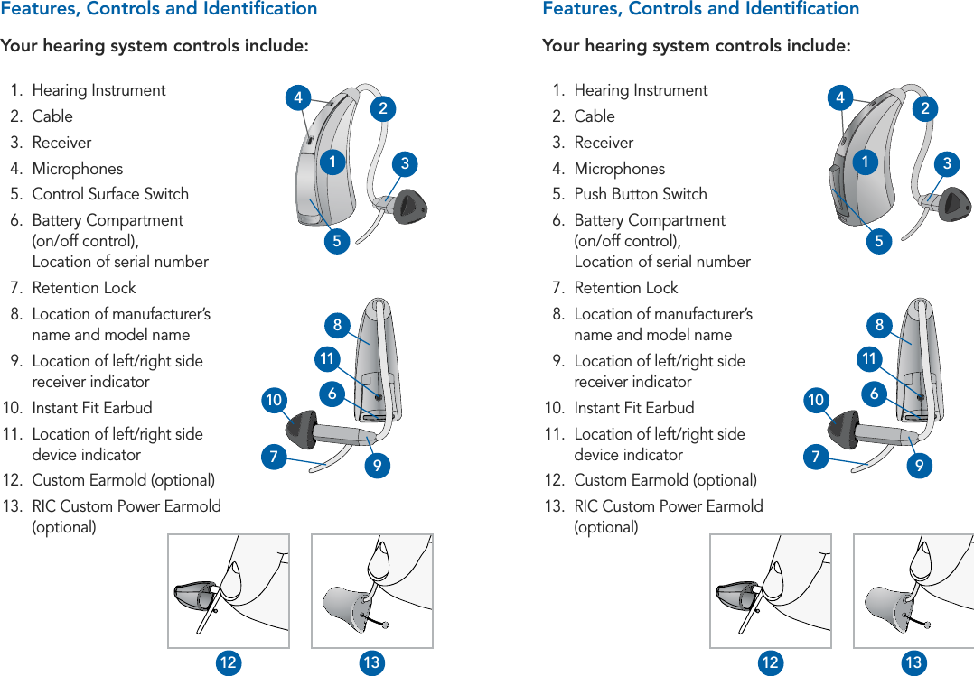 89OverviewFeatures, Controls and IdentiﬁcationYour hearing system controls include:RIC 13 Overview  1.  Hearing Instrument 2. Cable 3. Receiver 4. Microphones  5.  Control Surface Switch  6.   Battery  Compartment   (on/off control),  Location of serial number  7.  Retention Lock  8.   Location of manufacturer’s name and model name  9.   Location of left/right side receiver indicator 10.  Instant Fit Earbud 11.   Location of left/right side device indicator 12.   Custom Earmold (optional) 13.   RIC Custom Power Earmold (optional)4213512 13710 68911Features, Controls and IdentiﬁcationYour hearing system controls include:RIC 13 Overview  1.  Hearing Instrument 2. Cable 3. Receiver 4. Microphones  5.  Push Button Switch  6.   Battery  Compartment   (on/off control),  Location of serial number  7.  Retention Lock  8.   Location of manufacturer’s name and model name  9.   Location of left/right side receiver indicator 10.  Instant Fit Earbud 11.   Location of left/right side device indicator 12.   Custom Earmold (optional) 13.   RIC Custom Power Earmold (optional)4213512 13710 68911