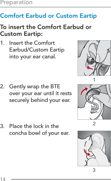 14Preparation213Comfort Earbud or Custom EartipTo insert the Comfort Earbud or Custom Eartip:1.   Insert the Comfort Earbud/Custom Eartip into your ear canal.2.   Gently wrap the BTE over your ear until it rests securely behind your ear.3.   Place the lock in the concha bowl of your ear.