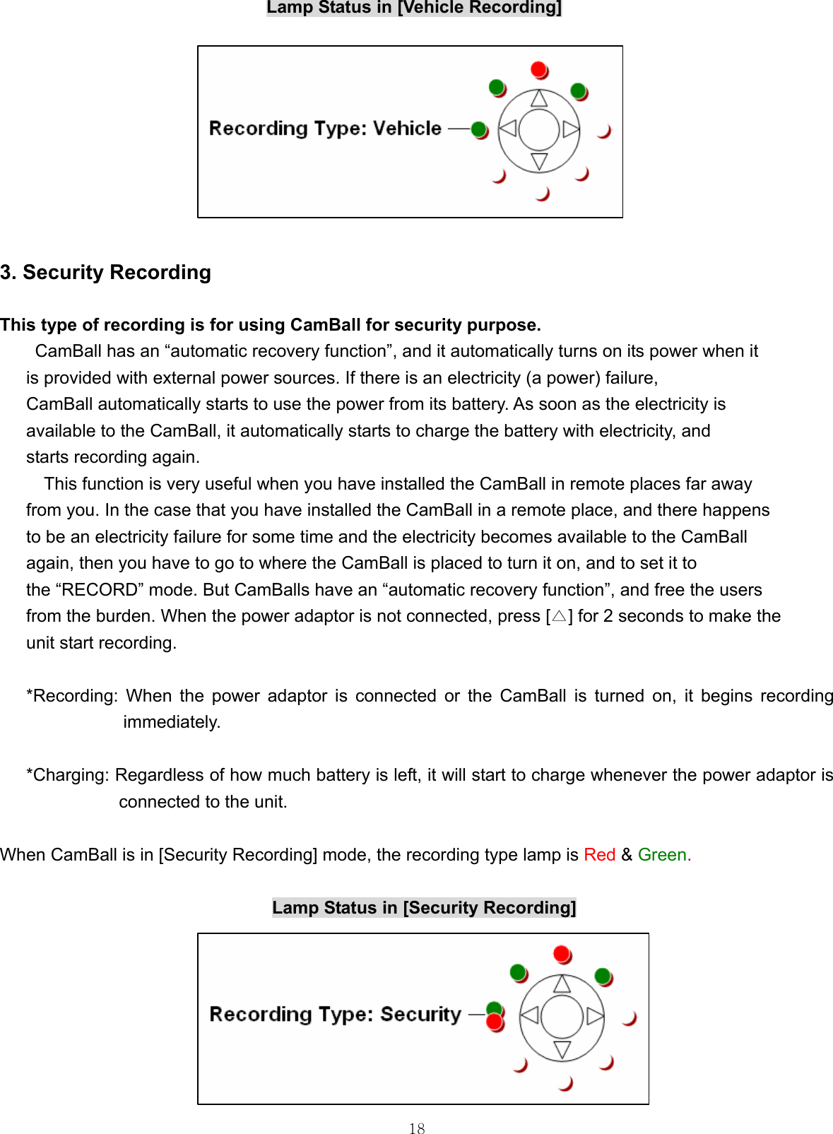  18Lamp Status in [Vehicle Recording]          3. Security Recording  This type of recording is for using CamBall for security purpose.       CamBall has an “automatic recovery function”, and it automatically turns on its power when it   is provided with external power sources. If there is an electricity (a power) failure,   CamBall automatically starts to use the power from its battery. As soon as the electricity is   available to the CamBall, it automatically starts to charge the battery with electricity, and   starts recording again.   This function is very useful when you have installed the CamBall in remote places far away   from you. In the case that you have installed the CamBall in a remote place, and there happens   to be an electricity failure for some time and the electricity becomes available to the CamBall   again, then you have to go to where the CamBall is placed to turn it on, and to set it to   the “RECORD” mode. But CamBalls have an “automatic recovery function”, and free the users   from the burden. When the power adaptor is not connected, press [ ]△ for 2 seconds to make the   unit start recording.  *Recording: When the power adaptor is connected or the CamBall is turned on, it begins recording immediately.  *Charging: Regardless of how much battery is left, it will start to charge whenever the power adaptor is connected to the unit.  When CamBall is in [Security Recording] mode, the recording type lamp is Red &amp; Green.    Lamp Status in [Security Recording]    