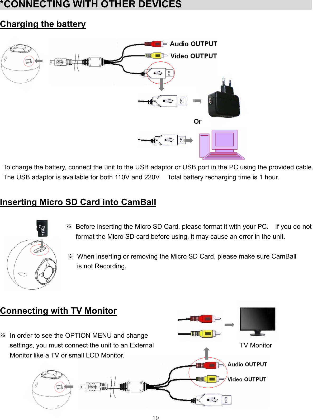  19*CONNECTING WITH OTHER DEVICES                             Charging the battery              To charge the battery, connect the unit to the USB adaptor or USB port in the PC using the provided cable. The USB adaptor is available for both 110V and 220V.    Total battery recharging time is 1 hour.  Inserting Micro SD Card into CamBall                      ※  Before inserting the Micro SD Card, please format it with your PC.    If you do not format the Micro SD card before using, it may cause an error in the unit.    ※  When inserting or removing the Micro SD Card, please make sure CamBall   is not Recording.    Connecting with TV Monitor   ※  In order to see the OPTION MENU and change       settings, you must connect the unit to an External                          TV Monitor Monitor like a TV or small LCD Monitor.                                                                          