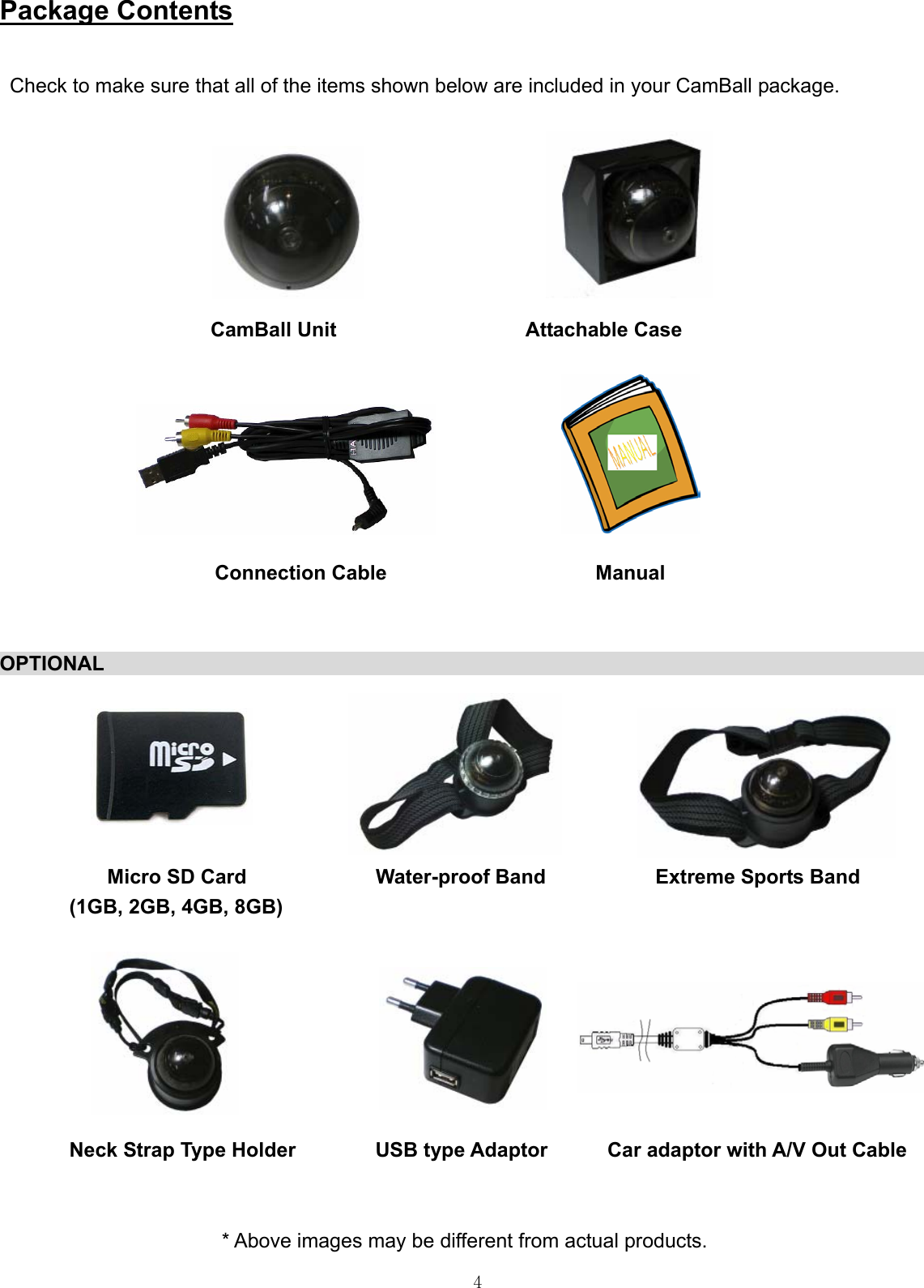  4Package Contents  Check to make sure that all of the items shown below are included in your CamBall package.                                                  CamBall Unit                   Attachable Case                                                                                                   Connection Cable                      Manual                                                                            OPTIONAL                                                                                                            Micro SD Card             Water-proof Band           Extreme Sports Band        (1GB, 2GB, 4GB, 8GB)                                              Neck Strap Type Holder        USB type Adaptor      Car adaptor with A/V Out Cable                            * Above images may be different from actual products.                         