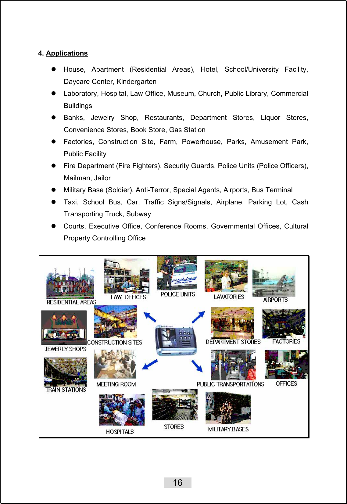    16   4. Applications  z  House, Apartment (Residential Areas), Hotel, School/University Facility, Daycare Center, Kindergarten z  Laboratory, Hospital, Law Office, Museum, Church, Public Library, Commercial Buildings  z  Banks, Jewelry Shop, Restaurants, Department Stores, Liquor Stores, Convenience Stores, Book Store, Gas Station   z  Factories, Construction Site, Farm, Powerhouse, Parks, Amusement Park, Public Facility z  Fire Department (Fire Fighters), Security Guards, Police Units (Police Officers), Mailman, Jailor z  Military Base (Soldier), Anti-Terror, Special Agents, Airports, Bus Terminal z  Taxi, School Bus, Car, Traffic Signs/Signals, Airplane, Parking Lot, Cash Transporting Truck, Subway   z  Courts, Executive Office, Conference Rooms, Governmental Offices, Cultural Property Controlling Office  