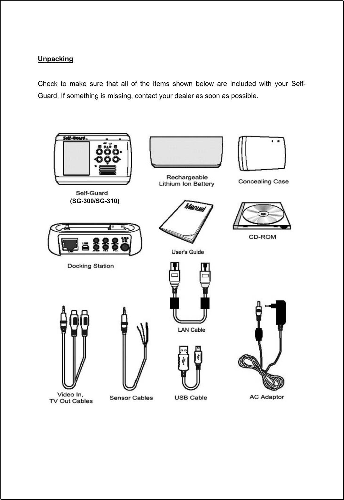 Unpacking  Check to make sure that all of the items shown below are included with your Self-Guard. If something is missing, contact your dealer as soon as possible.     (SG-300/SG-310) 