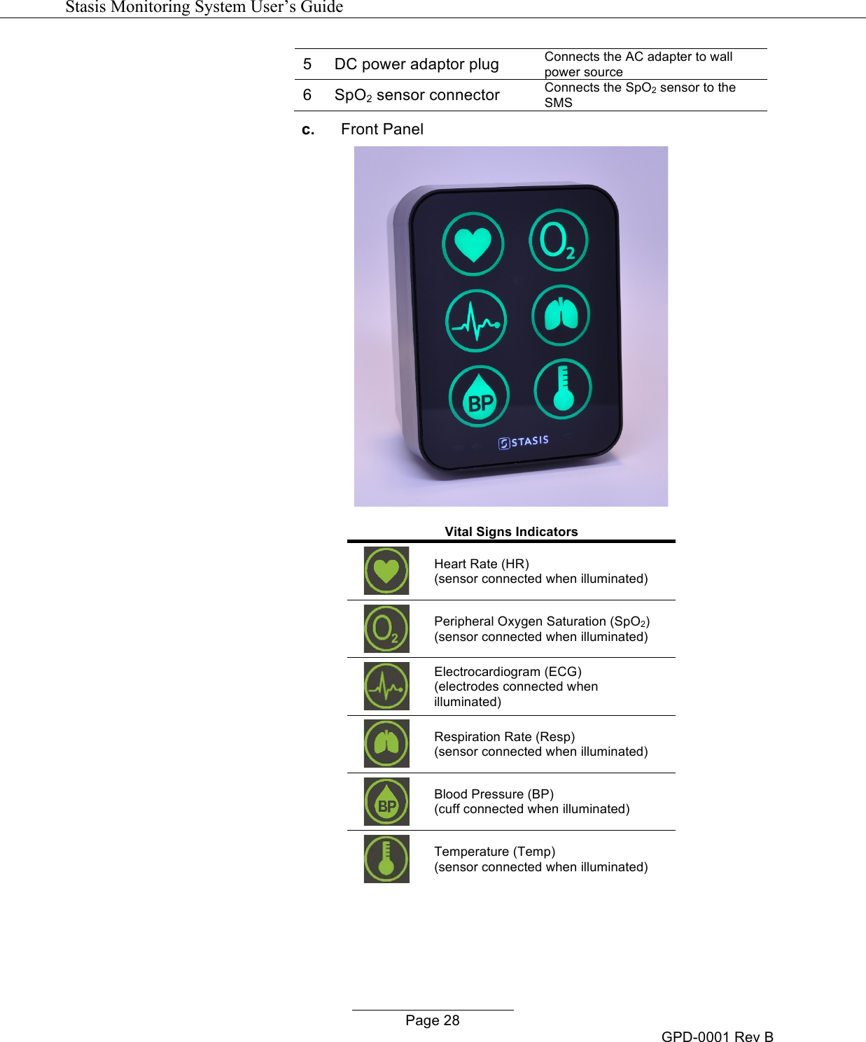   Stasis Monitoring System User&rsquo;s Guide   Page 28 GPD-0001 Rev B 5 DC power adaptor plug Connects the AC adapter to wall power source 6 SpO2 sensor connector Connects the SpO2 sensor to the SMS c. Front Panel   Vital Signs Indicators  Heart Rate (HR) (sensor connected when illuminated)  Peripheral Oxygen Saturation (SpO2) (sensor connected when illuminated)  Electrocardiogram (ECG) (electrodes connected when illuminated)  Respiration Rate (Resp) (sensor connected when illuminated)  Blood Pressure (BP) (cuff connected when illuminated)  Temperature (Temp) (sensor connected when illuminated)      