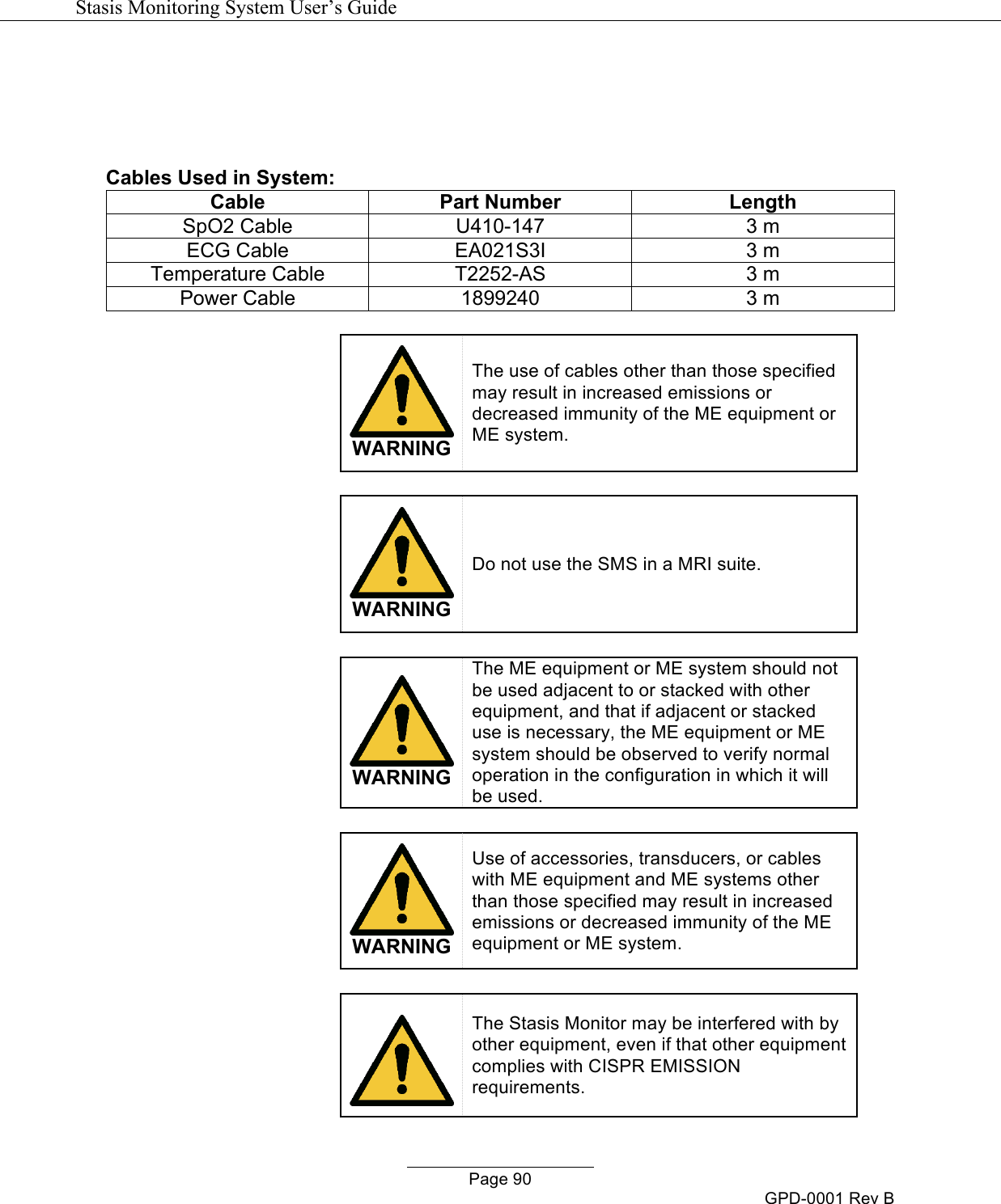   Stasis Monitoring System User&rsquo;s Guide   Page 90 GPD-0001 Rev B      Cables Used in System: Cable Part Number Length SpO2 Cable U410-147 3 m ECG Cable EA021S3I 3 m Temperature Cable T2252-AS 3 m Power Cable 1899240 3 m   WARNING The use of cables other than those specified may result in increased emissions or decreased immunity of the ME equipment or ME system.   WARNING Do not use the SMS in a MRI suite.    WARNING The ME equipment or ME system should not be used adjacent to or stacked with other equipment, and that if adjacent or stacked use is necessary, the ME equipment or ME system should be observed to verify normal operation in the configuration in which it will be used.   WARNING Use of accessories, transducers, or cables with ME equipment and ME systems other than those specified may result in increased emissions or decreased immunity of the ME equipment or ME system.   The Stasis Monitor may be interfered with by other equipment, even if that other equipment complies with CISPR EMISSION requirements. 