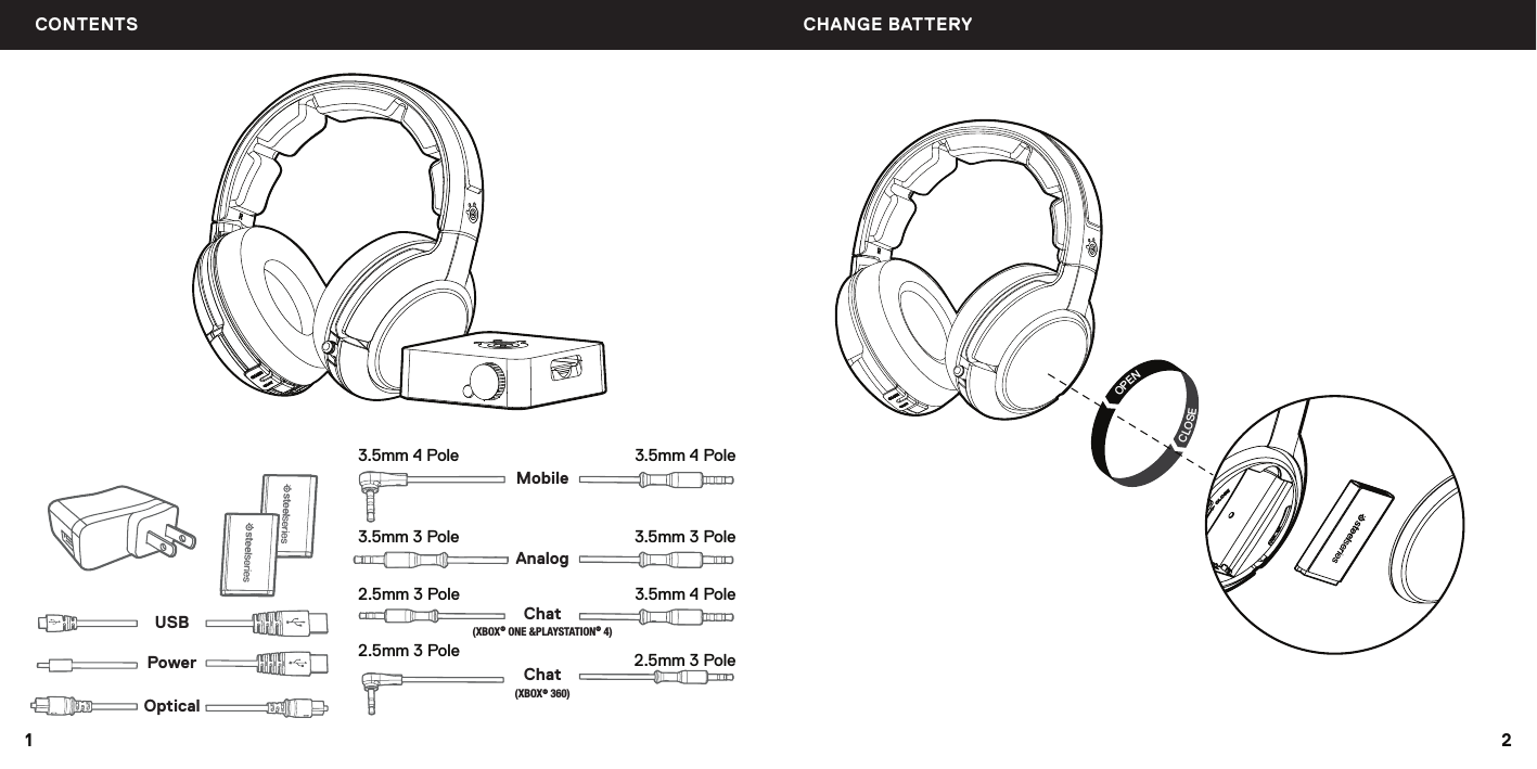3.5mm 4 Pole 3.5mm 4 Pole2.5mm 3 Pole  2.5mm 3 Pole2.5mm 3 Pole(XBOX® ONE &amp;PLAYSTATION® 4)(XBOX® 360)3.5mm 3 PoleOpticalPowerMobileAnalogChatChatUSB3.5mm 3 Pole3.5mm 4 PoleOPENCLOSE21CONTENTS CHANGE BATTERY