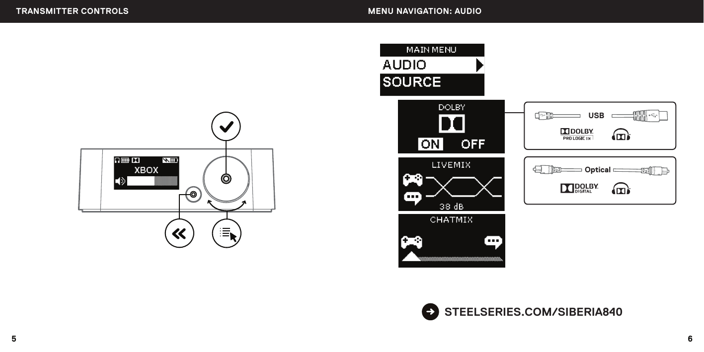 STEELSERIES.COM/SIBERIA840OpticalUSB65TRANSMITTER CONTROLS MENU NAVIGATION: AUDIO