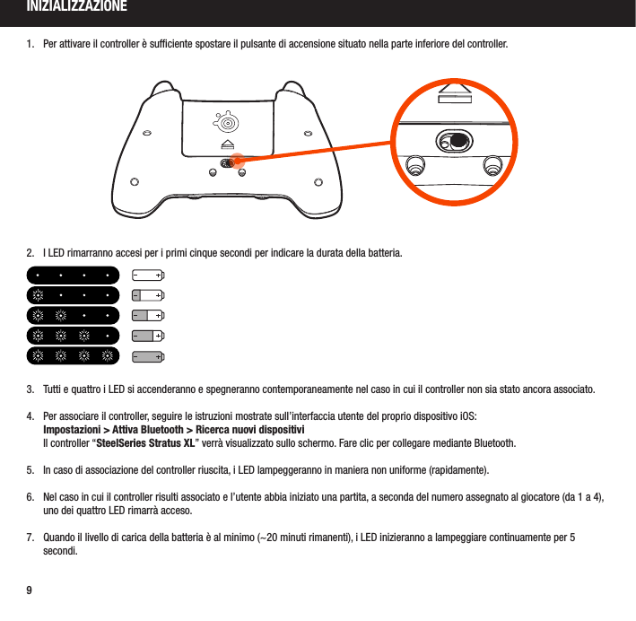 91.  Per attivare il controller è suciente spostare il pulsante di accensione situato nella parte inferiore del controller.2.  I LED rimarranno accesi per i primi cinque secondi per indicare la durata della batteria.3.  Tutti e quattro i LED si accenderanno e spegneranno contemporaneamente nel caso in cui il controller non sia stato ancora associato.4.  Per associare il controller, seguire le istruzioni mostrate sull’interfaccia utente del proprio dispositivo iOS:                                             Impostazioni &gt; Attiva Bluetooth &gt; Ricerca nuovi dispositivi   Il controller “SteelSeries Stratus XL” verrà visualizzato sullo schermo. Fare clic per collegare mediante Bluetooth.5.  In caso di associazione del controller riuscita, i LED lampeggeranno in maniera non uniforme (rapidamente).6.  Nel caso in cui il controller risulti associato e l’utente abbia iniziato una partita, a seconda del numero assegnato al giocatore (da 1 a 4), uno dei quattro LED rimarrà acceso.7.  Quando il livello di carica della batteria è al minimo (~20 minuti rimanenti), i LED inizieranno a lampeggiare continuamente per 5 secondi. INIZIALIZZAZIONE