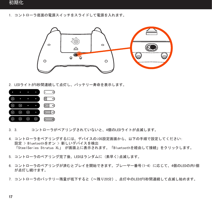 171.コントローラ底面の電源スイッチをスライドして電源を入れます。2.LEDライトが5秒間連続して点灯し、バッテリー寿命を表示します。3.3. コントローラがペアリングされていないと、4個のLEDライトが点滅します。4 .  コ ン ト ロ ー ラ を ペ ア リ ン グ す る に は 、 デ バ イ ス の i O S 設 定 画 面 か ら 、 以 下 の 手 順 で 設 定 し て く だ さ い : 設定&gt;Bluetoothをオン&gt;新しいデバイスを検出 「SteelSeriesStratusXL」が画面上に表示されます。「Bluetoothを経由して接続」をクリックします。5.コントローラのペアリング完了後、LEDはランダムに(素早く)点滅します。6.コントローラのペアリングが済むとプレイを開始できます。プレーヤー番号(1-4)に応じて、4個のLEDの内1個が点灯し続けます。7.コントローラのバッテリー残量が低下すると（～残り20分）、点灯中のLEDが5秒間連続して点滅し始めます。初期化