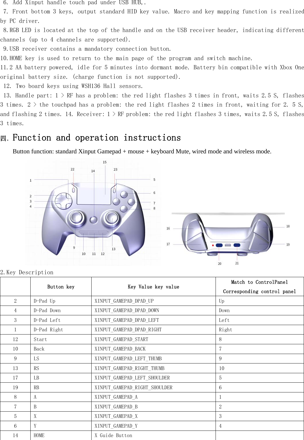   6. Add Xinput handle touch pad under USB HUB,.  7. Front bottom 3 keys, output standard HID key value. Macro and key mapping function is realized by PC driver.   8.RGB LED is located at the top of the handle and on the USB receiver header, indicating different channels (up to 4 channels are supported).   9.USB receiver contains a mandatory connection button.  10.HOME key is used to return to the main page of the program and switch machine.  11.2 AA battery powered, idle for 5 minutes into dormant mode. Battery bin compatible with Xbox One original battery size. (charge function is not supported).  12. Two board keys using WSH136 Hall sensors.  13. Handle part: 1 &gt; RF has a problem: the red light flashes 3 times in front, waits 2.5 S, flashes 3 times. 2 &gt; the touchpad has a problem: the red light flashes 2 times in front, waiting for 2. 5 S, and flashing 2 times. 14. Receiver: 1 &gt; RF problem: the red light flashes 3 times, waits 2.5 S, flashes 3 times. 四．Function and operation instructions Button function: standard Xinput Gamepad + mouse + keyboard Mute, wired mode and wireless mode.  2.Key Description     Button key  Key Value key value  Match to ControlPanel Corresponding control panel 2  D-Pad Up  XINPUT_GAMEPAD_DPAD_UP  Up 4  D-Pad Down  XINPUT_GAMEPAD_DPAD_DOWN  Down 3  D-Pad Left  XINPUT_GAMEPAD_DPAD_LEFT  Left 1  D-Pad Right  XINPUT_GAMEPAD_DPAD_RIGHT  Right 12  Start  XINPUT_GAMEPAD_START  8 10  Back  XINPUT_GAMEPAD_BACK  7 9  LS  XINPUT_GAMEPAD_LEFT_THUMB  9 13  RS  XINPUT_GAMEPAD_RIGHT_THUMB  10 17  LB  XINPUT_GAMEPAD_LEFT_SHOULDER  5 19  RB  XINPUT_GAMEPAD_RIGHT_SHOULDER  6 8  A  XINPUT_GAMEPAD_A  1 7  B  XINPUT_GAMEPAD_B  2 5  X  XINPUT_GAMEPAD_X  3 6  Y  XINPUT_GAMEPAD_Y  4 14  HOME  X Guide Button     