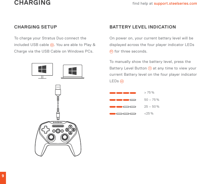 9find help at support.steelseries.comCHARGINGTo charge your Stratus Duo connect the included USB cable  09 . You are able to Play &amp; Charge via the USB Cable on Windows PCs. On power on, your current battery level will be displayed across the four player indicator LEDs 03  for three seconds.To manually show the battery level, press the Battery Level Button  13  at any time to view your current Battery level on the four player indicator LEDs  03  &gt;  75 %50 – 75 %25 – 50 %&lt;25 %CHARGING SETUP BATTERY LEVEL INDICATION