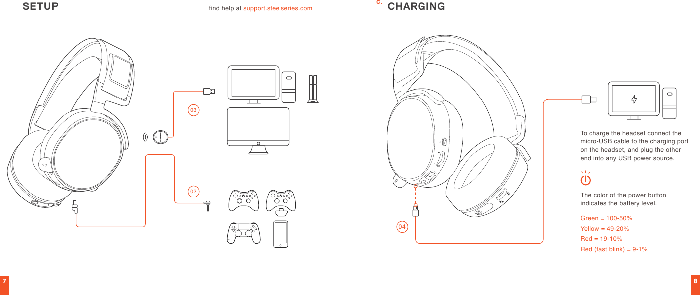 78find help at support.steelseries.com SETUP0302To charge the headset connect the micro-USB cable to the charging port on the headset, and plug the other end into any USB power source.The color of the power button  indicates the battery level.Green = 100-50% Yellow = 49-20% Red = 19-10% Red (fast blink) = 9-1%CHARGING04c.