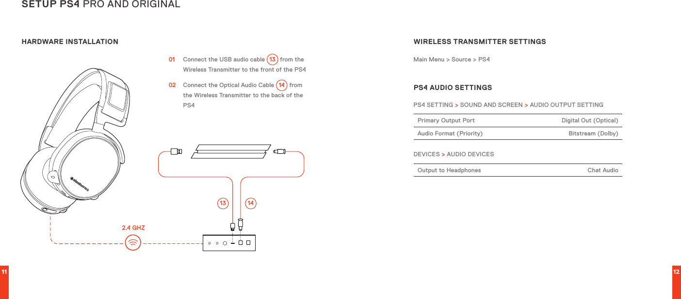 11 12SETUP PS4 PRO AND ORIGINALHARDWARE INSTALLATION01  Connect the USB audio cable  13  from the Wireless Transmitter to the front of the PS402  Connect the Optical Audio Cable 14  from the Wireless Transmitter to the back of the PS42.4 GHZWIRELESS TRANSMITTER SETTINGSMain Menu &gt; Source &gt; PS4PS4 AUDIO SETTINGSPS4 SETTING &gt; SOUND AND SCREEN &gt; AUDIO OUTPUT SETTINGPrimary Output Port Digital Out (Optical)Audio Format (Priority) Bitstream (Dolby)DEVICES &gt; AUDIO DEVICESOutput to Headphones Chat Audio1413