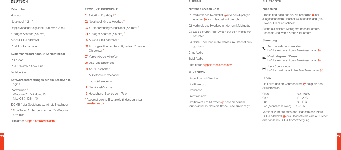 23 24DEUTSCHPaketinhaltHeadsetNetzkabel (1,2 m)Doppelverlängerungskabel (3,5 mm/1,8 m)4-poliger Adapter (3,5 mm)Micro-USB-LadekabelProduktinformationenSystemanforderungen // KompatibilitätPC / MacPS4 / Switch / Xbox OneMobilgeräteSoftwareanforderungen für die SteelSeries EnginePlattformen: * Windows 7 – Windows 10 Mac OS X 10.8 – 10.11120 MB freier Speicherplatz für die Installation* SteelSeries 7.1 Surround ist nur für Windows erhältlichHilfe unter support.steelseries.comPRODUKTÜBERSICHT01 Skibrillen-Kopfbügel *02 Netzkabel für das Headset *03 Y-Doppelverlängerungskabel (3,5 mm) *04 4-poliger Adapter (3,5 mm) *05 Micro-USB-Ladekabel *06 Atmungsaktive und feuchtigkeitsabführende Ohrpolster *07  Versenkbares Mikrofon08 USB-Ladeanschluss09 An-/Ausschalter10 Mikrofonstummschalter11 Lautstärkeregelung12 Netzkabel-Buchse13  Headphone-Buchse zum Teilen* Accessoires und Ersatzteile ndest du unter steelseries.comAUFBAUNintendo Switch Chat 01  Verbinde das Netzkabel  02  und den 4-poligen Adapter  04  vom Headset mit Switch.02 Verbinde das Headset mit deinem Mobilgerät.03 Lade die Chat-App Switch auf dein Mobilgerät herunter.04 Spiel- und Chat-Audio werden im Headset nun gemischt.Chat-AudioSpiel-AudioHilfe unter support.steelseries.comMIKROFONVersenkbares MikrofonPositionierungDraufsichtFrontalansichtPositioniere das Mikrofon  07  nahe an deinem Mundwinkel so, dass die ache Seite zu dir zeigt.BLUETOOTHKoppelungDrücke und halte den An-/Ausschalter  09  bei ausgeschaltetem Headset 6 Sekunden lang (die Power-LED blinkt schnell).Suche auf deinem Mobilgerät nach Bluetooth-Headsets und wähle Arctis 3 Bluetooth.SteuerungAnruf annehmen/beenden Drücke einmal auf den An-/Ausschalter  09 .Musik abspielen/Pause Drücke einmal auf den An-/Ausschalter  09 .Track überspringen Drücke zweimal auf den An-/Ausschalter  09 .LadenDie Farbe des An-/Ausschalters  09  zeigt dir den Akkustand an:Grün  100 – 50 % Gelb  49 – 20 % Rot  19 – 10 % Rot  (schnelles  Blinken)  9 – 1 %Verbinde zum Auaden des Headsets das Micro-USB-Ladekabel  05  des Headsets mit einem PC oder einer anderen USB-Stromversorgung.