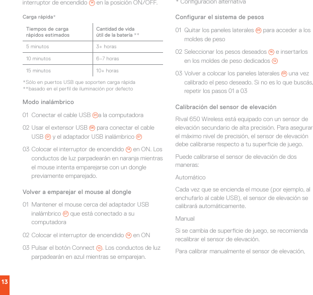 13interruptor de encendido  14  en la posición ON/OFF.Modo inalámbrico01  Conectar el cable USB  01 a la computadora02 Usar el extensor USB  06  para conectar el cable USB  01  y el adaptador USB inalámbrico  0703 Colocar el interruptor de encendido  14  en ON. Los conductos de luz parpadearán en naranja mientras el mouse intenta emparejarse con un dongle previamente emparejado.Volver a emparejar el mouse al dongle 01  Mantener el mouse cerca del adaptador USB inalámbrico  07  que está conectado a su computadora02 Colocar el interruptor de encendido  14  en ON03 Pulsar el botón Connect  13 . Los conductos de luz parpadearán en azul mientras se emparejan.* Conguración alternativaConfigurar el sistema de pesos01  Quitar los paneles laterales  05  para acceder a los moldes de peso02 Seleccionar los pesos deseados  16  e insertarlos en los moldes de peso dedicados  1203 Volver a colocar los paneles laterales  05  una vez calibrado el peso deseado. Si no es lo que buscás, repetir los pasos 01 a 03Calibración del sensor de elevaciónRival 650 Wireless está equipado con un sensor de elevación secundario de alta precisión. Para asegurar el máximo nivel de precisión, el sensor de elevación debe calibrarse respecto a tu supercie de juego.Puede calibrarse el sensor de elevación de dos maneras:AutomáticoCada vez que se encienda el mouse (por ejemplo, al enchufarlo al cable USB), el sensor de elevación se calibrará automáticamente.ManualSi se cambia de supercie de juego, se recomienda recalibrar el sensor de elevación.Para calibrar manualmente el sensor de elevación, Carga rápida*Tiempos de carga  rápidos estimadosCantidad de vida  útil de la batería **5 minutos 3+ horas10 minutos 6–7 horas15 minutos 10+ horas*Sólo en puertos USB que soporten carga rápida**basado en el perfil de iluminación por defecto