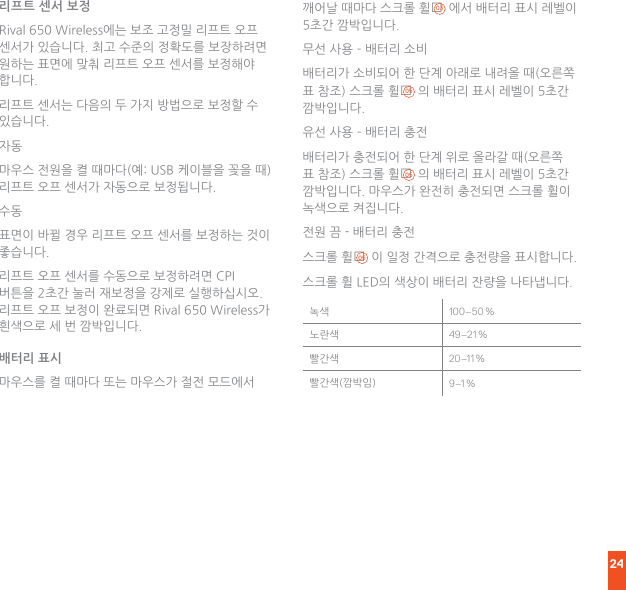 24리프트 센서 보정Rival 650 Wireless에는 보조 고정밀 리프트 오프 센서가 있습니다. 최고 수준의 정확도를 보장하려면 원하는 표면에 맞춰 리프트 오프 센서를 보정해야 합니다.리프트 센서는 다음의 두 가지 방법으로 보정할 수 있습니다.자동마우스 전원을 켤 때마다(예: USB 케이블을 꽂을 때) 리프트 오프 센서가 자동으로 보정됩니다.수동표면이 바뀔 경우 리프트 오프 센서를 보정하는 것이 좋습니다.리프트 오프 센서를 수동으로 보정하려면 CPI 버튼을 2초간 눌러 재보정을 강제로 실행하십시오. 리프트 오프 보정이 완료되면 Rival 650 Wireless가 흰색으로 세 번 깜박입니다.배터리 표시마우스를 켤 때마다 또는 마우스가 절전 모드에서 깨어날 때마다 스크롤 휠 03  에서 배터리 표시 레벨이 5초간 깜박입니다.무선 사용 – 배터리 소비배터리가 소비되어 한 단계 아래로 내려올 때(오른쪽 표 참조) 스크롤 휠 05  의 배터리 표시 레벨이 5초간 깜박입니다.유선 사용 – 배터리 충전배터리가 충전되어 한 단계 위로 올라갈 때(오른쪽 표 참조) 스크롤 휠 05  의 배터리 표시 레벨이 5초간 깜박입니다. 마우스가 완전히 충전되면 스크롤 휠이 녹색으로 켜집니다.전원 끔 - 배터리 충전스크롤 휠 05  이 일정 간격으로 충전량을 표시합니다.스크롤 휠 LED의 색상이 배터리 잔량을 나타냅니다.녹색 100–50 %노란색 49–21 %빨간색 20–11 %빨간색(깜박임) 9–1 %