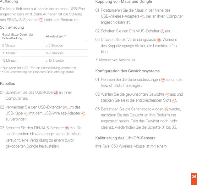 26AufladungDie Maus lädt sich auf, sobald sie an einen USB-Port angeschlossen wird. Beim Auaden ist die Stellung des EIN/AUS-Schalters 14  nicht von Bedeutung.SchnellladungKabellos01  Schließen Sie das USB-Kabel 01 an Ihren Computer an.02 Verwenden Sie den USB-Extender 06, um das USB-Kabel 01 mit dem USB-Wireless-Adapter 07 zu verbinden.03 Schalten Sie den EIN/AUS-Schalter 14 ein. Die Leuchtstreifen blinken orange, wenn die Maus versucht, eine Verbindung zu einem zuvor gekoppelten Dongle herzustellen.Kopplung von Maus und Dongle 01  Positionieren Sie die Maus in der Nähe des USB-Wireless-Adapters 07, der an Ihren Computer angeschlossen ist.02 Schalten Sie den EIN/AUS-Schalter 14 ein.03 Drücken Sie die Verbindungstaste 13. Während des Koppelvorgangs blinken die Leuchtstreifen blau.* Alternativer AnschlussKonfiguration des Gewichtssystems01  Nehmen Sie die Seitenabdeckungen 05 ab, um die Gewichtslots freizulegen.02 Wählen Sie die gewünschten Gewichte 16 aus und stecken Sie sie in die entsprechenden Slots 12.03 Befestigen Sie die Seitenabdeckungen 05 wieder, nachdem Sie das Gewicht an Ihre Bedürfnisse angepasst haben. Falls das Gewicht noch nicht ideal ist, wiederholen Sie die Schritte01 bis 03.Kalibrierung des Lift-Off-SensorsIhre Rival650 Wireless Mouse ist mit einem Geschätzte Dauer der Schnellladung Akkulaufzeit**5Minuten &gt;3Stunden10Minuten 6–7Stunden15Minuten &gt;10Stunden* Nur wenn der USB-Port die Schnellladung unterstützt** Bei Verwendung des Standard-Beleuchtungsprols