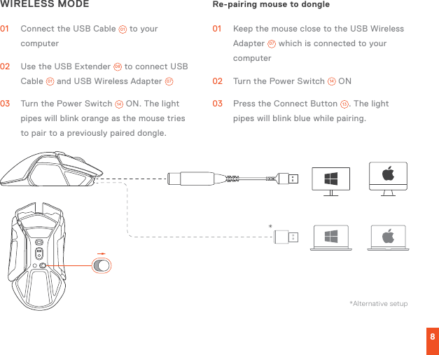 8WIRELESS MODE01  Connect the USB Cable  01  to your computer02  Use the USB Extender  08  to connect USB Cable  01  and USB Wireless Adapter  0703  Turn the Power Switch  14  ON. The light pipes will blink orange as the mouse tries to pair to a previously paired dongle.Re-pairing mouse to dongle 01  Keep the mouse close to the USB Wireless Adapter  07  which is connected to your computer02  Turn the Power Switch  14  ON03  Press the Connect Button  13 . The light pipes will blink blue while pairing.**Alternative setup