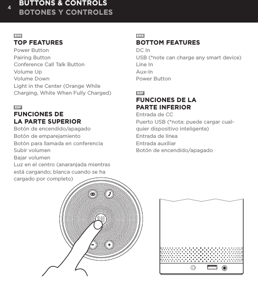 4ENGTOP FEATURESPower ButtonPairing ButtonConference Call Talk ButtonVolume UpVolume DownLight in the Center (Orange While Charging, White When Fully Charged)ESPFUNCIONES DE  LA PARTE SUPERIORBot&oacute;n de encendido/apagadoBot&oacute;n de emparejamientoBot&oacute;n para llamada en conferenciaSubir volumenBajar volumenLuz en el centro (anaranjada mientras est&aacute; cargando; blanca cuando se ha cargado por completo)ENGBOTTOM FEATURESDC InUSB (*note can charge any smart device)Line InAux-InPower ButtonESPFUNCIONES DE LA  PARTE INFERIOREntrada de CCPuerto USB (*nota: puede cargar cual-quier dispositivo inteligente)Entrada de l&iacute;neaEntrada auxiliarBot&oacute;n de encendido/apagadoBUTTONS &amp; CONTROLS BOTONES Y CONTROLES