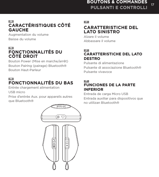 17FR  CARACT&Eacute;RISTIQUES C&Ocirc;T&Eacute; GAUCHEAugmentation du volumeBaisse du volumeFONCTIONNALIT&Eacute;S DU C&Ocirc;T&Eacute; DROITBouton Power (Mise en marche/arr&ecirc;t)Bouton Pairing (pairage) Bluetooth&reg;Bouton Haut-ParleurFONCTIONNALIT&Eacute;S DU BASEntr&eacute;e chargement alimentation USB microPrise d&rsquo;entr&eacute;e Aux. pour appareils autres que Bluetooth&reg; CARATTERISTICHE DEL LATO SINISTROAlzare il volumeAbbassare il volume CARATTERISTICHE DEL LATO DESTROPulsante di alimentazionePulsante di associazione Bluetooth&reg;Pulsante vivavoce FUNCIONES DE LA PARTE INFERIOREntrada de carga Micro USBEntrada auxiliar para dispositivos que no utilizan Bluetooth&reg;BOUTONS &amp; COMMANDES PULSANTI E CONTROLLIFRFRITITITConnect Go-Go Speaker to any device with a headphone jack or line out by plugging the included 3.5mm Aux in cable into Aux in jack on the bottom of Mini-Clutch Speaker. PLUG &amp; PLAY CONNECTCharge your Go-Go Speaker&trade; using the Micro USB cable provided. Power Button LED will turn orange while charging and will turn white when fully charged.  Up to 8 hours between charges at normal volumes.CHARGING YOUR Go-Go Speaker&trade;go to Bluetooth settings on your smartphone, tablet, computer or device. On your Go-Go Speaker&trade;, hold down the Bluetooth pairing button for 3 seconds until you hear &ldquo;pairing&rdquo; audible voice. Select Go-Go on your media device. Once paired you will hear &ldquo;paired successfully&rdquo; audible voice. Once your device is paired with the Go-Go Speaker&trade; it will automatically pair when device is on and within Bluetooth&reg; range.CONNECT WIRELESSLY Use the Go-Go Speaker as a portable speakerphone when connected wirelessly via Bluetooth&reg;. To answer and/or end a call, press the talk (pic) button.SPEAKERPHONERemovable Hanging Strap: Slide strap into top of Go-Go speaker until it snaps. Press top button to release. USING ACCESSORIES Adjustable Mount: To attach Go-Go Speaker to mount: Insert mount screw into back of Go-Go Speaker and twist. To attach mount to objects: Wrap belt around object, push belt through mount channel and pull tab to tighten.To release: Press two side buttons and pull belt back through channel. USING ACCESSORIES