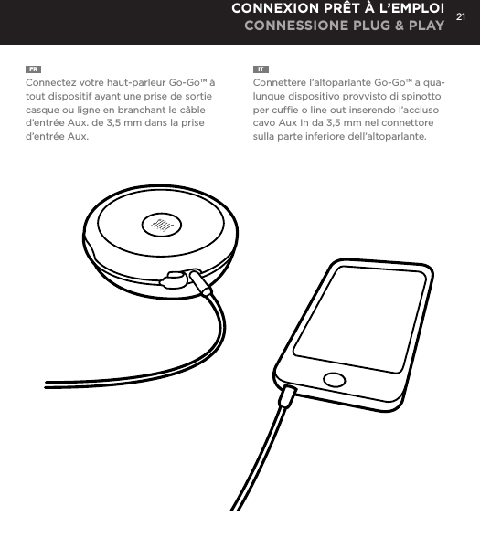 21FR  Connectez votre haut-parleur Go-Go&trade; &agrave; tout dispositif ayant une prise de sortie casque ou ligne en branchant le c&acirc;ble d&rsquo;entr&eacute;e Aux. de 3,5 mm dans la prise d&rsquo;entr&eacute;e Aux. IT  Connettere l&rsquo;altoparlante Go-Go&trade; a qua-lunque dispositivo provvisto di spinotto per cufﬁe o line out inserendo l&rsquo;accluso cavo Aux In da 3,5 mm nel connettore sulla parte inferiore dell&rsquo;altoparlante.CONNEXION PR&Ecirc;T &Agrave; L&rsquo;EMPLOI CONNESSIONE PLUG &amp; PLAYConnect Go-Go Speaker to any device with a headphone jack or line out by plugging the included 3.5mm Aux in cable into Aux in jack on the bottom of Mini-Clutch Speaker. PLUG &amp; PLAY CONNECT