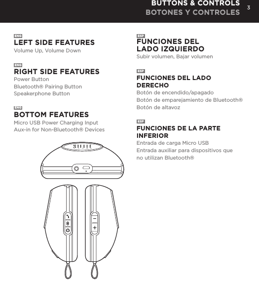 3ENG  LEFT SIDE FEATURESVolume Up, Volume Down RIGHT SIDE FEATURESPower ButtonBluetooth&reg; Pairing ButtonSpeakerphone ButtonBOTTOM FEATURESMicro USB Power Charging InputAux-in for Non-Bluetooth&reg; Devices FUNCIONES DEL LADO IZQUIERDOSubir volumen, Bajar volumenESP  FUNCIONES DEL LADO DERECHOBot&oacute;n de encendido/apagadoBot&oacute;n de emparejamiento de Bluetooth&reg;Bot&oacute;n de altavozESP  FUNCIONES DE LA PARTE INFERIOREntrada de carga Micro USBEntrada auxiliar para dispositivos que no utilizan Bluetooth&reg;BUTTONS &amp; CONTROLS BOTONES Y CONTROLESENGENGESPConnect Go-Go Speaker to any device with a headphone jack or line out by plugging the included 3.5mm Aux in cable into Aux in jack on the bottom of Mini-Clutch Speaker. PLUG &amp; PLAY CONNECTCharge your Go-Go Speaker&trade; using the Micro USB cable provided. Power Button LED will turn orange while charging and will turn white when fully charged.  Up to 8 hours between charges at normal volumes.CHARGING YOUR Go-Go Speaker&trade;go to Bluetooth settings on your smartphone, tablet, computer or device. On your Go-Go Speaker&trade;, hold down the Bluetooth pairing button for 3 seconds until you hear &ldquo;pairing&rdquo; audible voice. Select Go-Go on your media device. Once paired you will hear &ldquo;paired successfully&rdquo; audible voice. Once your device is paired with the Go-Go Speaker&trade; it will automatically pair when device is on and within Bluetooth&reg; range.CONNECT WIRELESSLY Use the Go-Go Speaker as a portable speakerphone when connected wirelessly via Bluetooth&reg;. To answer and/or end a call, press the talk (pic) button.SPEAKERPHONERemovable Hanging Strap: Slide strap into top of Go-Go speaker until it snaps. Press top button to release. USING ACCESSORIES Adjustable Mount: To attach Go-Go Speaker to mount: Insert mount screw into back of Go-Go Speaker and twist. To attach mount to objects: Wrap belt around object, push belt through mount channel and pull tab to tighten.To release: Press two side buttons and pull belt back through channel. USING ACCESSORIES