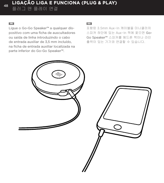 48PR  Ligue o Go-Go Speaker&trade; a qualquer dis-positivo com uma ﬁcha de auscultadores ou sa&iacute;da de linha introduzindo o cabo de entrada auxiliar de 3,5 mm inclu&iacute;do, na ﬁcha de entrada auxiliar localizada na parte inferior do Go-Go Speaker&trade;. KA  포함된 3.5mm Aux-In 케이블을 미니클러치 스피커 하단에 있는 Aux-In 잭에 꽂으면 Go-Go Speaker&trade; 스피커를 헤드폰 잭이나 라인 출력이 있는 기기와 연결할 수 있습니다. LIGA&Ccedil;&Atilde;O LIGA E FUNCIONA (PLUG &amp; PLAY) 플러그 앤 플레이 연결Connect Go-Go Speaker to any device with a headphone jack or line out by plugging the included 3.5mm Aux in cable into Aux in jack on the bottom of Mini-Clutch Speaker. PLUG &amp; PLAY CONNECT
