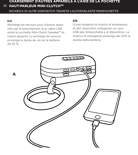 22FR  Recharge de secours pour d&rsquo;autres appa-reils par le branchement d&rsquo;un c&acirc;ble USB entre la pochette Mini-Clutch Speaker&trade; et l&rsquo;autre appareil. La recharge de secours prolonge la dur&eacute;e de vie de la batterie de 30 %. IT  Si pu&ograve; eseguire la ricarica di emergenza di altri dispositivi collegando un cavo USB alla minipochette e al dispositivo. La ricarica di emergenza prolunga del 30% la durata della batteria. CHARGEMENT D&rsquo;AUTRES APPAREILS A L&rsquo;AIDE DE LA POCHETTE HAUT-PARLEUR MINI-CLUTCHTM RICARICA DI ALTRI DISPOSITIVI TRAMITE L&rsquo;ALTOPARLANTE MINIPOCHETTEEmergency charge other devices by plugging a USB into the Mini-Clutch and your device. Emergency charge provides up to an additional 30% battery life. CHARGING OTHER DEVICES VIA MINI-CLUTCH SPEAKER