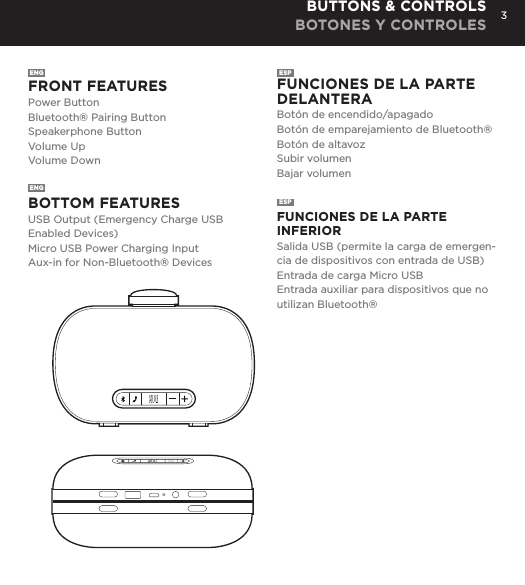 3ENG  FRONT FEATURESPower ButtonBluetooth&reg; Pairing ButtonSpeakerphone ButtonVolume UpVolume DownBOTTOM FEATURESUSB Output (Emergency Charge USB Enabled Devices)Micro USB Power Charging InputAux-in for Non-Bluetooth&reg; Devices FUNCIONES DE LA PARTE DELANTERABot&oacute;n de encendido/apagadoBot&oacute;n de emparejamiento de Bluetooth&reg;Bot&oacute;n de altavozSubir volumenBajar volumenESP  FUNCIONES DE LA PARTE INFERIORSalida USB (permite la carga de emergen-cia de dispositivos con entrada de USB)Entrada de carga Micro USBEntrada auxiliar para dispositivos que no utilizan Bluetooth&reg;BUTTONS &amp; CONTROLS BOTONES Y CONTROLESENGESPCharge your Mini-Clutch using the Micro USB cable provided. Power Button LED will turn orange while charging and will turn white when fully charged. Full charge will take about 15 hours between charges at normal volumes.CHARGING YOUR MINI-CLUTCH time, go to Bluetooth settings on your smartphone, tablet, computer or device. On your Audio Clutch, hold down the Bluetooth pairing button for 3 seconds until you hear &ldquo;pairing&rdquo; audible voice. Select Mini-Cutch on your media device. Once paired you will hear &ldquo;paired successfully&rdquo; audible voice. Once your device is paired with the Mini-Clutch Speaker it will automatically pair when device is on and within Bluetooth&reg; range.CONNECT WIRELESSLY Use the Mini-Clutch Speaker as a portable speakerphone when connected wirelessly via Bluetooth&reg;. To answer and/or end a call, press the talk (pic) button.SPEAKERPHONEConnect Mini-Clutch Speaker to any device with a headphone jack or line out by plugging the included 3.5mm Aux-In cable into Aux-In jack on the bottom of Mini-Clutch Speaker. PLUG &amp; PLAY CONNECTEmergency charge other devices by plugging a USB into the Mini-Clutch and your device. Emergency charge provides up to an additional 30% battery life. CHARGING OTHER DEVICES VIA MINI-CLUTCH SPEAKER