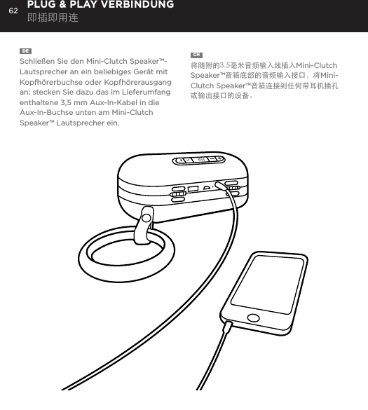 62DE  Schlie&szlig;en Sie den Mini-Clutch Speaker&trade;-Lautsprecher an ein beliebiges Ger&auml;t mit Kopfh&ouml;rerbuchse oder Kopfh&ouml;rerausgang an; stecken Sie dazu das im Lieferumfang enthaltene 3,5 mm Aux-In-Kabel in die Aux-In-Buchse unten am Mini-Clutch Speaker&trade; Lautsprecher ein. PLUG &amp; PLAY VERBINDUNG 即插即用连CH  将随附的3.5毫米音频输入线插入Mini-Clutch Speaker&trade;音箱底部的音频输入接口，将Mini-Clutch Speaker&trade;音箱连接到任何带耳机插孔或输出接口的设备。Connect Mini-Clutch Speaker to any device with a headphone jack or line out by plugging the included 3.5mm Aux-In cable into Aux-In jack on the bottom of Mini-Clutch Speaker. PLUG &amp; PLAY CONNECT