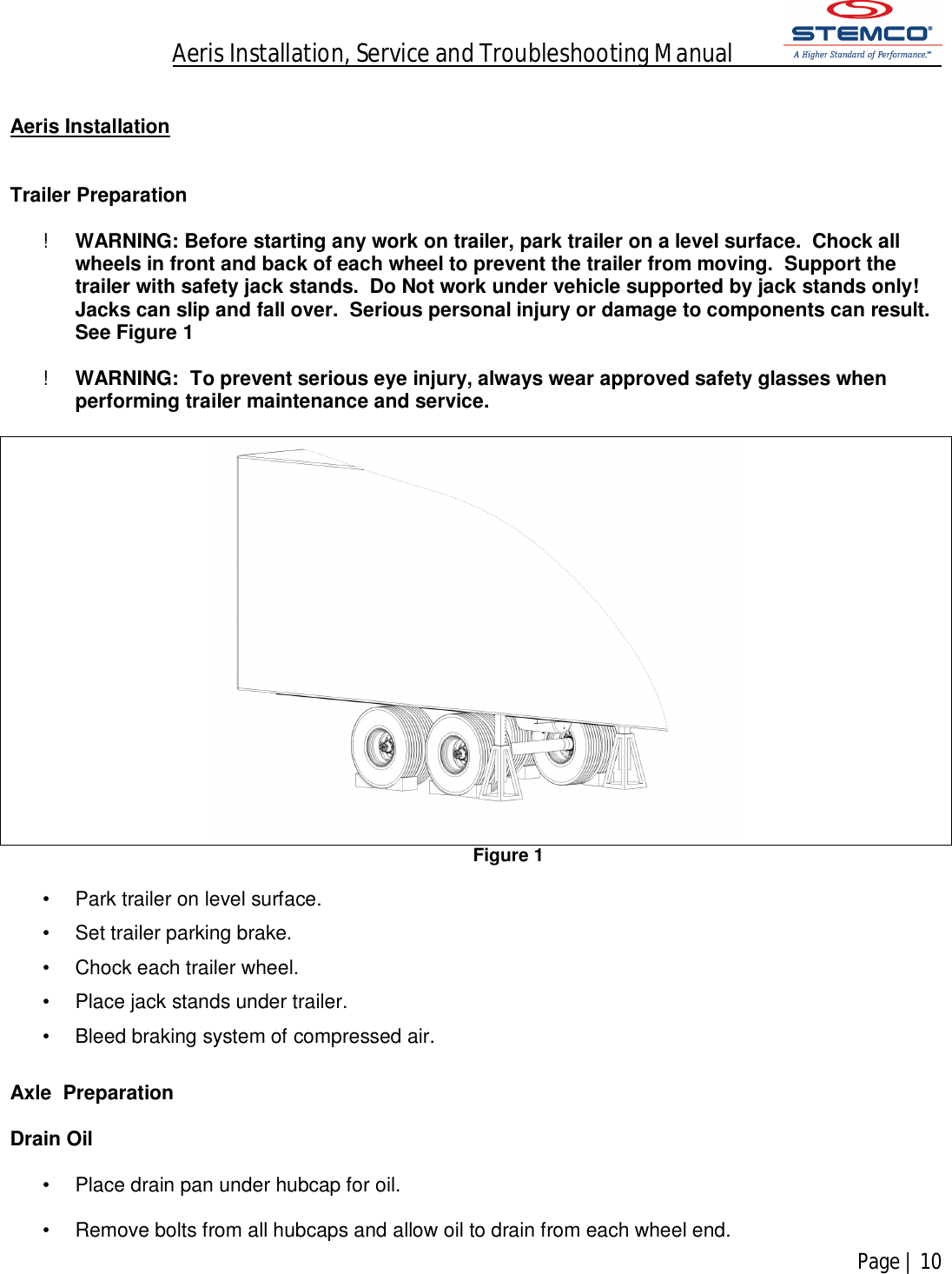 Aeris Installation, Service and Troubleshooting Manual            Page | 10     Aeris Installation   Trailer Preparation  !  WARNING: Before starting any work on trailer, park trailer on a level surface.  Chock all wheels in front and back of each wheel to prevent the trailer from moving.  Support the trailer with safety jack stands.  Do Not work under vehicle supported by jack stands only!  Jacks can slip and fall over.  Serious personal injury or damage to components can result.  See Figure 1  !  WARNING:  To prevent serious eye injury, always wear approved safety glasses when performing trailer maintenance and service.   Figure 1  •  Park trailer on level surface. •  Set trailer parking brake. •  Chock each trailer wheel. •  Place jack stands under trailer. •  Bleed braking system of compressed air.  Axle  Preparation  Drain Oil  •  Place drain pan under hubcap for oil.  •  Remove bolts from all hubcaps and allow oil to drain from each wheel end. 