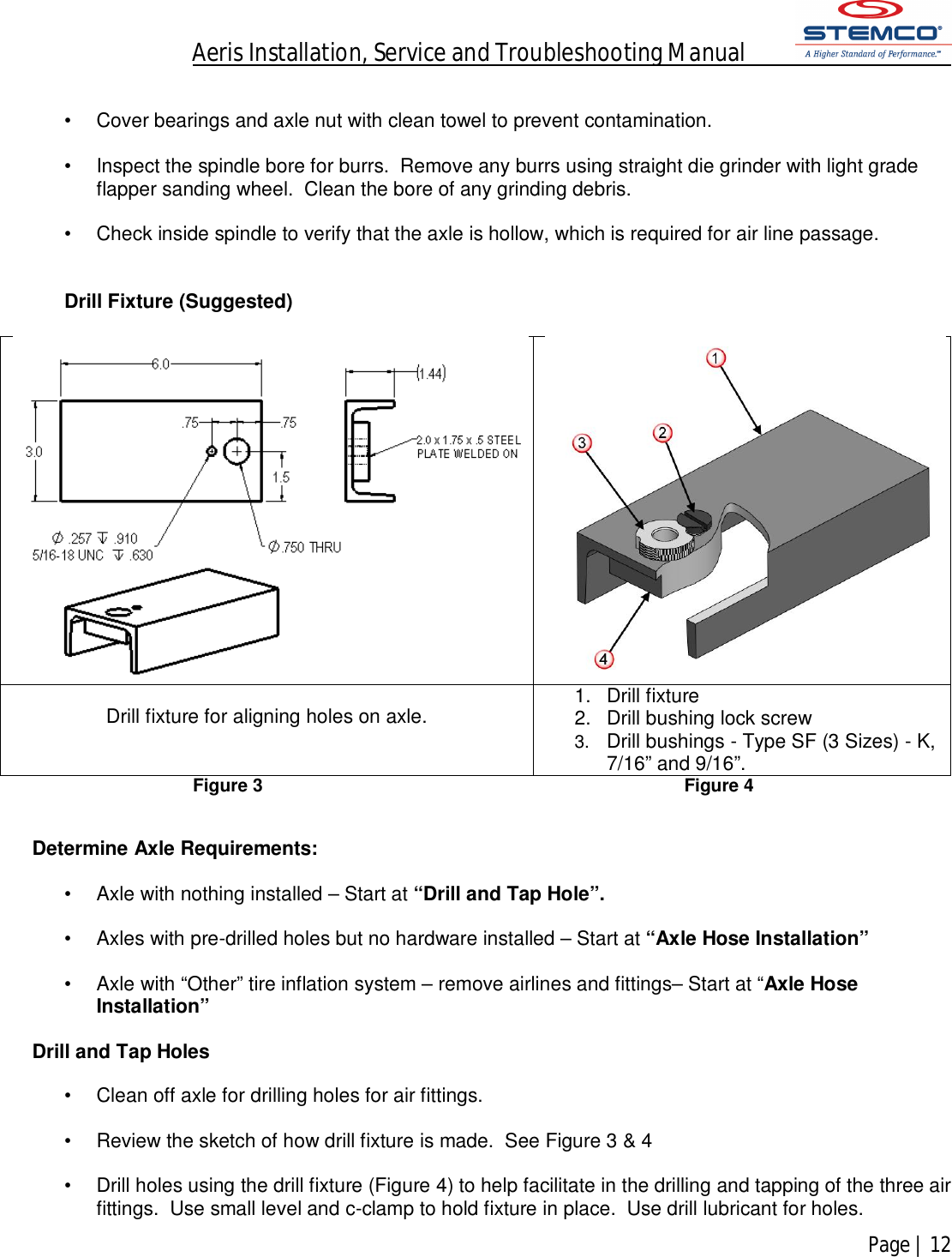 Aeris Installation, Service and Troubleshooting Manual            Page | 12     •  Cover bearings and axle nut with clean towel to prevent contamination.  •  Inspect the spindle bore for burrs.  Remove any burrs using straight die grinder with light grade flapper sanding wheel.  Clean the bore of any grinding debris.  •  Check inside spindle to verify that the axle is hollow, which is required for air line passage.   Drill Fixture (Suggested)     Drill fixture for aligning holes on axle.  1.  Drill fixture 2.  Drill bushing lock screw 3.  Drill bushings - Type SF (3 Sizes) - K, 7/16” and 9/16”. Figure 3                                                                                     Figure 4   Determine Axle Requirements:  •  Axle with nothing installed – Start at “Drill and Tap Hole”.  •  Axles with pre-drilled holes but no hardware installed – Start at “Axle Hose Installation”  •  Axle with “Other” tire inflation system – remove airlines and fittings– Start at “Axle Hose Installation”  Drill and Tap Holes  •  Clean off axle for drilling holes for air fittings.  •  Review the sketch of how drill fixture is made.  See Figure 3 &amp; 4  •  Drill holes using the drill fixture (Figure 4) to help facilitate in the drilling and tapping of the three air fittings.  Use small level and c-clamp to hold fixture in place.  Use drill lubricant for holes. 