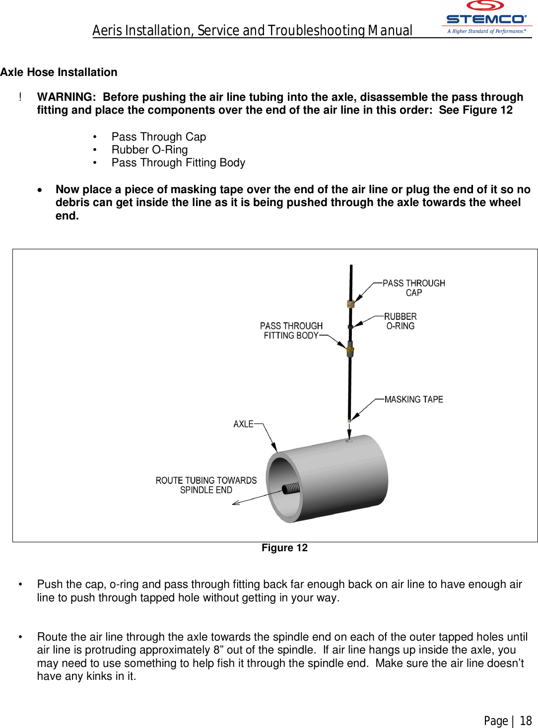 Aeris Installation, Service and Troubleshooting Manual            Page | 18     Axle Hose Installation   !  WARNING:  Before pushing the air line tubing into the axle, disassemble the pass through fitting and place the components over the end of the air line in this order:  See Figure 12  •  Pass Through Cap •  Rubber O-Ring •  Pass Through Fitting Body   Now place a piece of masking tape over the end of the air line or plug the end of it so no debris can get inside the line as it is being pushed through the axle towards the wheel end.    Figure 12   •  Push the cap, o-ring and pass through fitting back far enough back on air line to have enough air line to push through tapped hole without getting in your way.   •  Route the air line through the axle towards the spindle end on each of the outer tapped holes until air line is protruding approximately 8” out of the spindle.  If air line hangs up inside the axle, you may need to use something to help fish it through the spindle end.  Make sure the air line doesn’t have any kinks in it.     