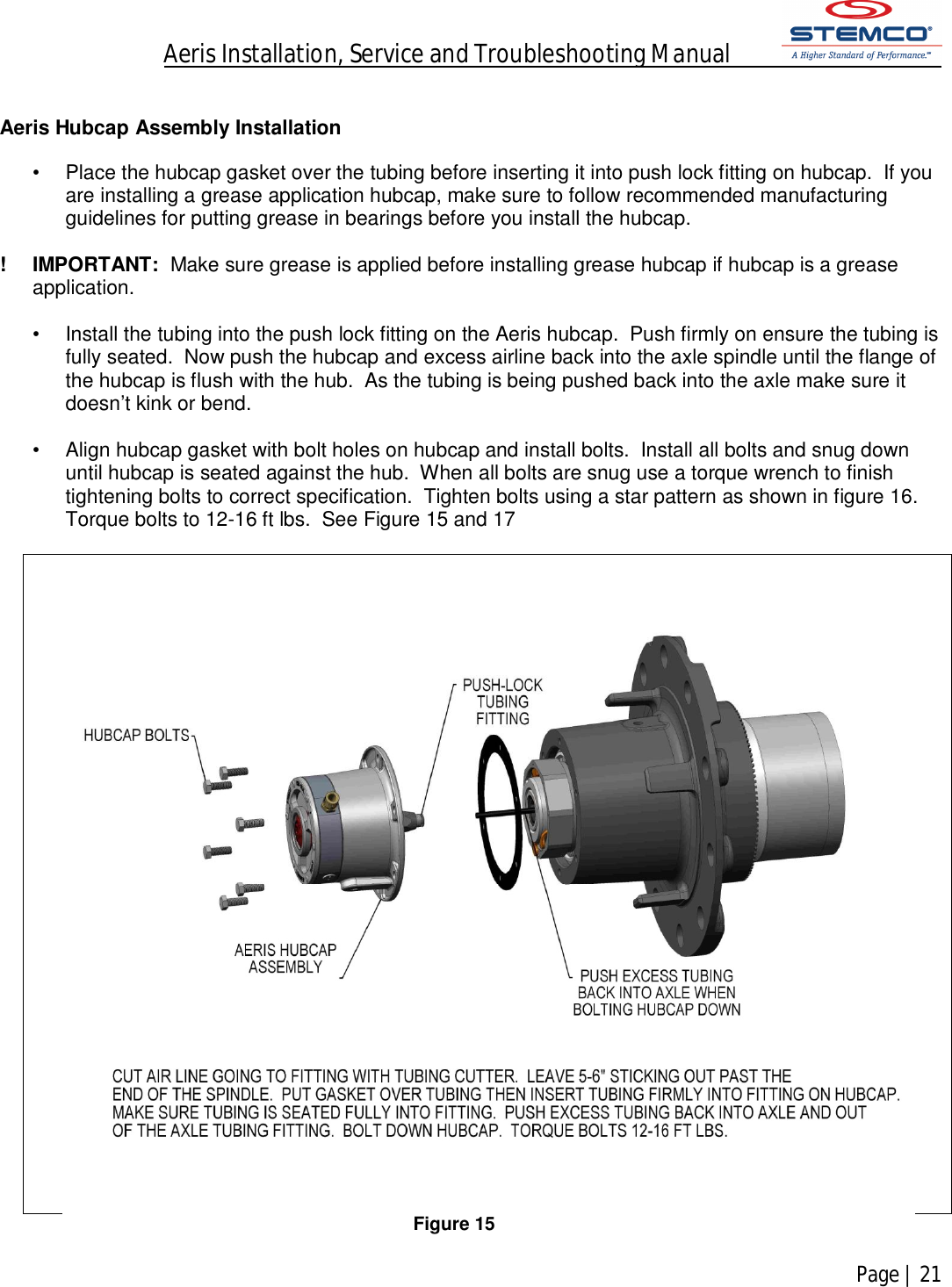 Aeris Installation, Service and Troubleshooting Manual            Page | 21     Aeris Hubcap Assembly Installation   •  Place the hubcap gasket over the tubing before inserting it into push lock fitting on hubcap.  If you are installing a grease application hubcap, make sure to follow recommended manufacturing guidelines for putting grease in bearings before you install the hubcap.  !  IMPORTANT:  Make sure grease is applied before installing grease hubcap if hubcap is a grease application.      •  Install the tubing into the push lock fitting on the Aeris hubcap.  Push firmly on ensure the tubing is fully seated.  Now push the hubcap and excess airline back into the axle spindle until the flange of the hubcap is flush with the hub.  As the tubing is being pushed back into the axle make sure it doesn’t kink or bend.  •  Align hubcap gasket with bolt holes on hubcap and install bolts.  Install all bolts and snug down until hubcap is seated against the hub.  When all bolts are snug use a torque wrench to finish tightening bolts to correct specification.  Tighten bolts using a star pattern as shown in figure 16. Torque bolts to 12-16 ft lbs.  See Figure 15 and 17   Figure 15  