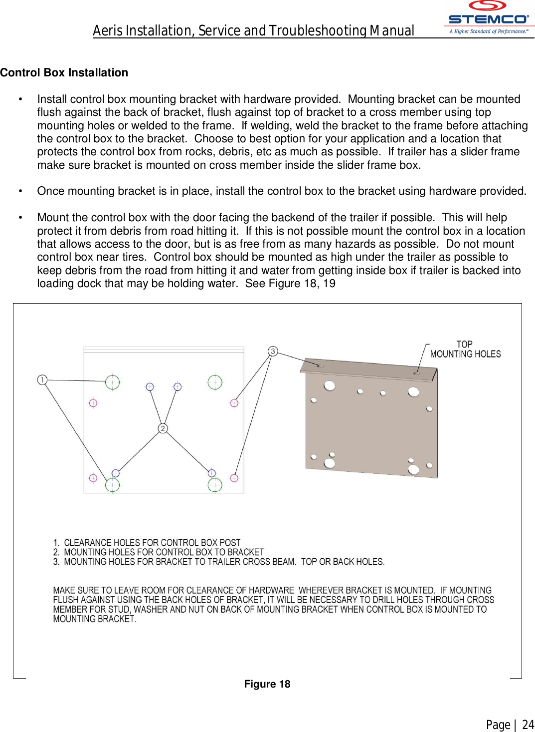 Aeris Installation, Service and Troubleshooting Manual            Page | 24     Control Box Installation  •  Install control box mounting bracket with hardware provided.  Mounting bracket can be mounted flush against the back of bracket, flush against top of bracket to a cross member using top mounting holes or welded to the frame.  If welding, weld the bracket to the frame before attaching the control box to the bracket.  Choose to best option for your application and a location that protects the control box from rocks, debris, etc as much as possible.  If trailer has a slider frame make sure bracket is mounted on cross member inside the slider frame box.   •  Once mounting bracket is in place, install the control box to the bracket using hardware provided.    •  Mount the control box with the door facing the backend of the trailer if possible.  This will help protect it from debris from road hitting it.  If this is not possible mount the control box in a location that allows access to the door, but is as free from as many hazards as possible.  Do not mount control box near tires.  Control box should be mounted as high under the trailer as possible to keep debris from the road from hitting it and water from getting inside box if trailer is backed into loading dock that may be holding water.  See Figure 18, 19    Figure 18  