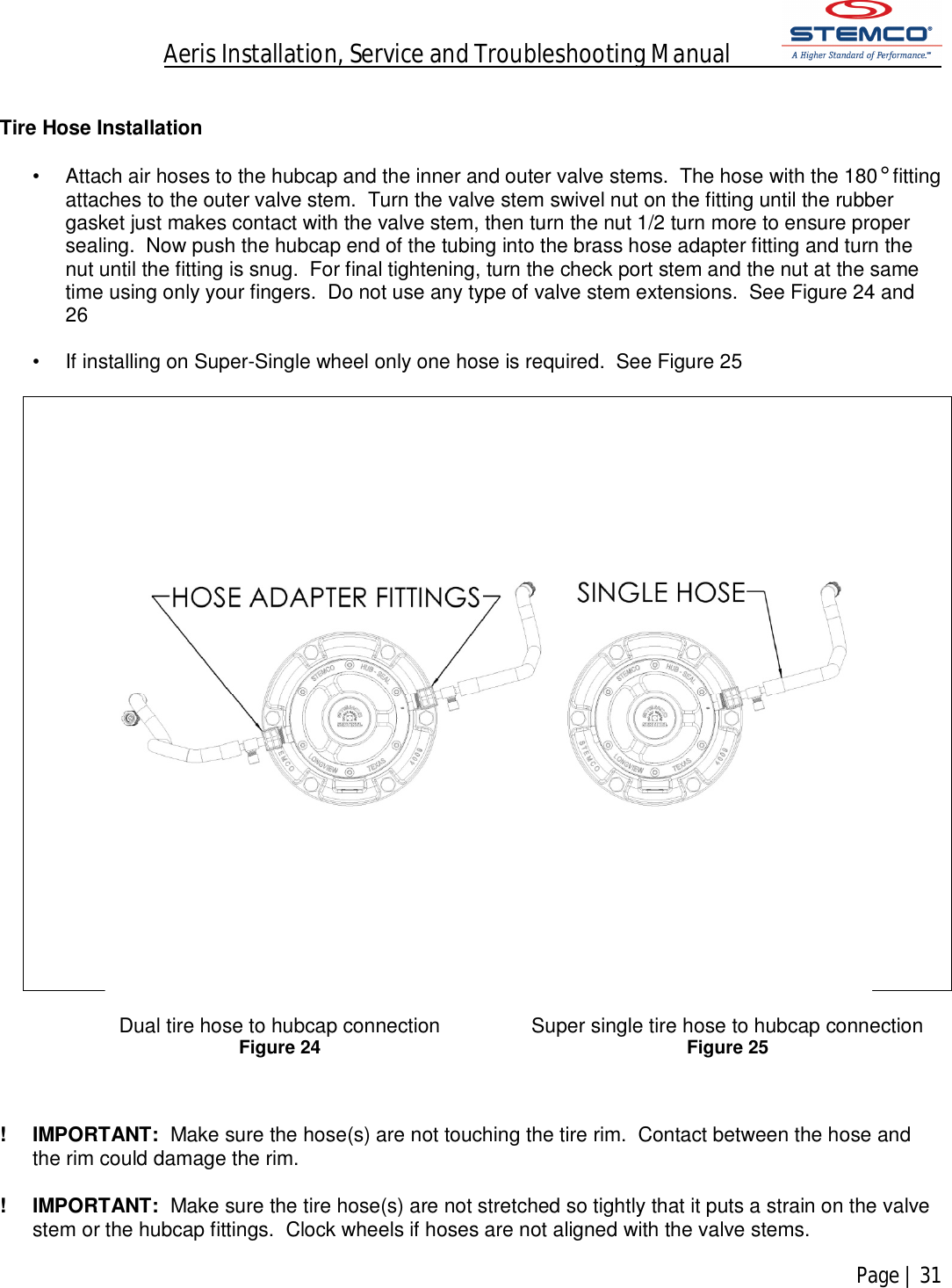 Aeris Installation, Service and Troubleshooting Manual            Page | 31     Tire Hose Installation  •  Attach air hoses to the hubcap and the inner and outer valve stems.  The hose with the 180° fitting attaches to the outer valve stem.  Turn the valve stem swivel nut on the fitting until the rubber gasket just makes contact with the valve stem, then turn the nut 1/2 turn more to ensure proper sealing.  Now push the hubcap end of the tubing into the brass hose adapter fitting and turn the nut until the fitting is snug.  For final tightening, turn the check port stem and the nut at the same time using only your fingers.  Do not use any type of valve stem extensions.  See Figure 24 and 26  •  If installing on Super-Single wheel only one hose is required.  See Figure 25    Dual tire hose to hubcap connection  Super single tire hose to hubcap connection Figure 24 Figure 25   !  IMPORTANT:  Make sure the hose(s) are not touching the tire rim.  Contact between the hose and the rim could damage the rim.  !  IMPORTANT:  Make sure the tire hose(s) are not stretched so tightly that it puts a strain on the valve stem or the hubcap fittings.  Clock wheels if hoses are not aligned with the valve stems. 