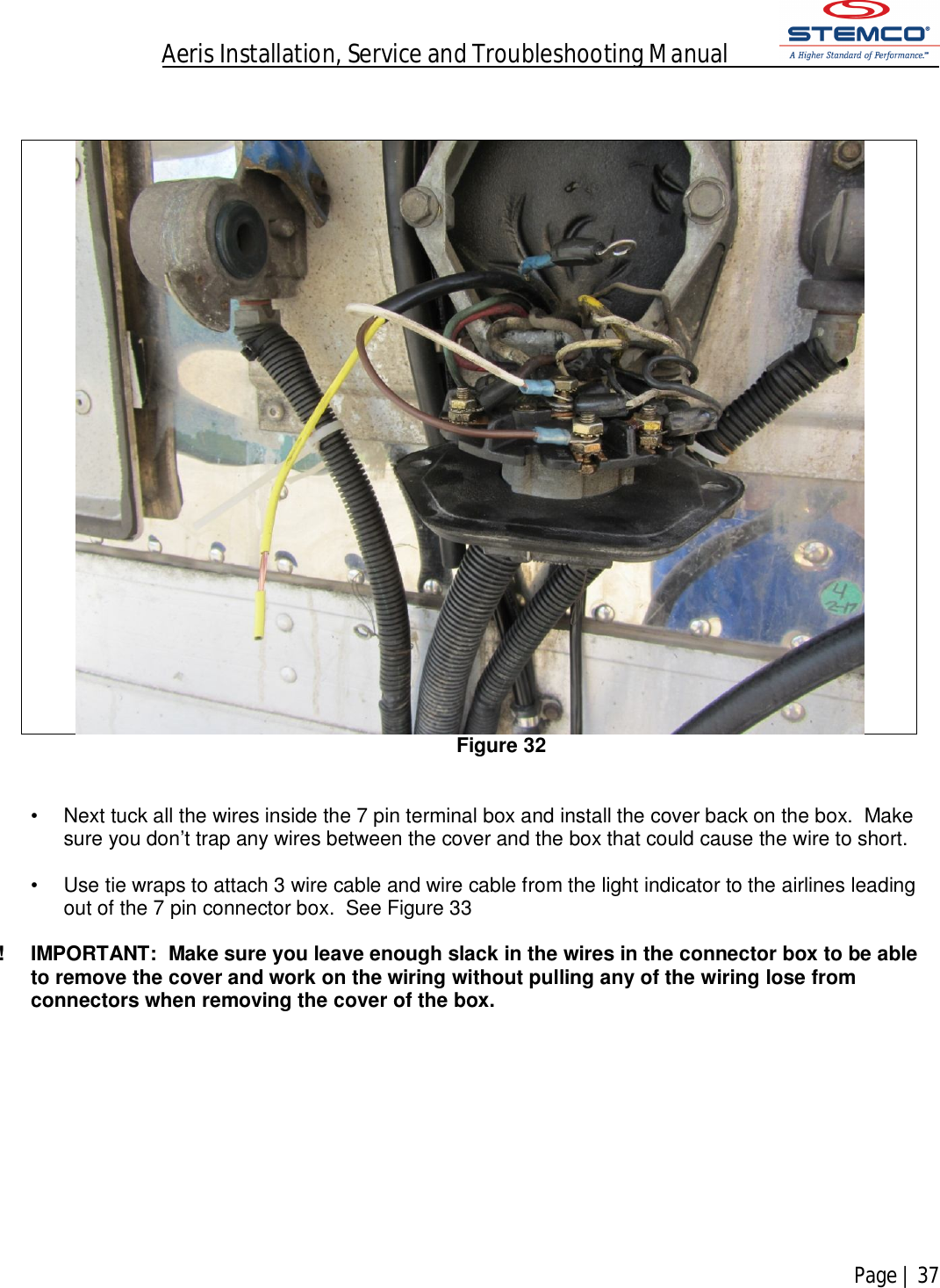 Aeris Installation, Service and Troubleshooting Manual            Page | 37       Figure 32   •  Next tuck all the wires inside the 7 pin terminal box and install the cover back on the box.  Make sure you don’t trap any wires between the cover and the box that could cause the wire to short.  •  Use tie wraps to attach 3 wire cable and wire cable from the light indicator to the airlines leading out of the 7 pin connector box.  See Figure 33  !  IMPORTANT:  Make sure you leave enough slack in the wires in the connector box to be able to remove the cover and work on the wiring without pulling any of the wiring lose from connectors when removing the cover of the box.           