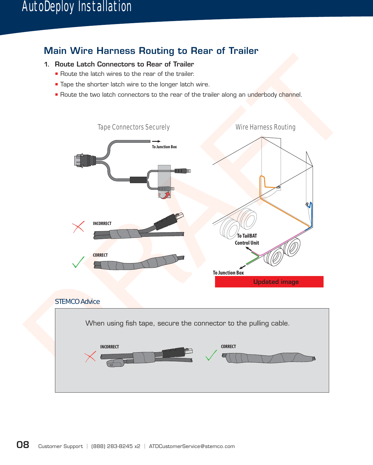 DRAFTCustomer Support  |  (888) 283-8245 x2  |  ATDCustomerService@stemco.com08AutoDeploy InstallationMain Wire Harness Routing to Rear of TrailerTo Junction BoxAAAAAAAINCORRECTCORRECTINCORRECT CORRECTWhen using ﬁsh tape, secure the connector to the pulling cable.To TailBATControl UnitTo Junction Box1.  Route Latch Connectors to Rear of Trailer Route the latch wires to the rear of the trailer. Tape the shorter latch wire to the longer latch wire. Route the two latch connectors to the rear of the trailer along an underbody channel.STEMCO AdviceTape Connectors Securely Wire Harness RoutingUpdated image