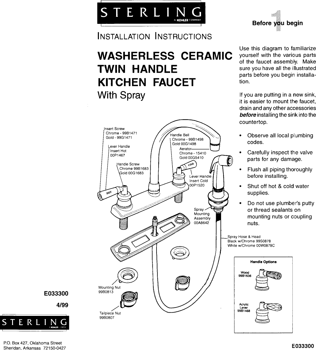Page 1 of 2 - Sterling-Plumbing Sterling-Plumbing-E033300-Users-Manual- INSTALLATION INSTRUCTIONS-FAUCET FI824S/C825S, WASHERLESS CERAMIC TWIN HANDLE KITCHEN WITH SPRAY  Sterling-plumbing-e033300-users-manual