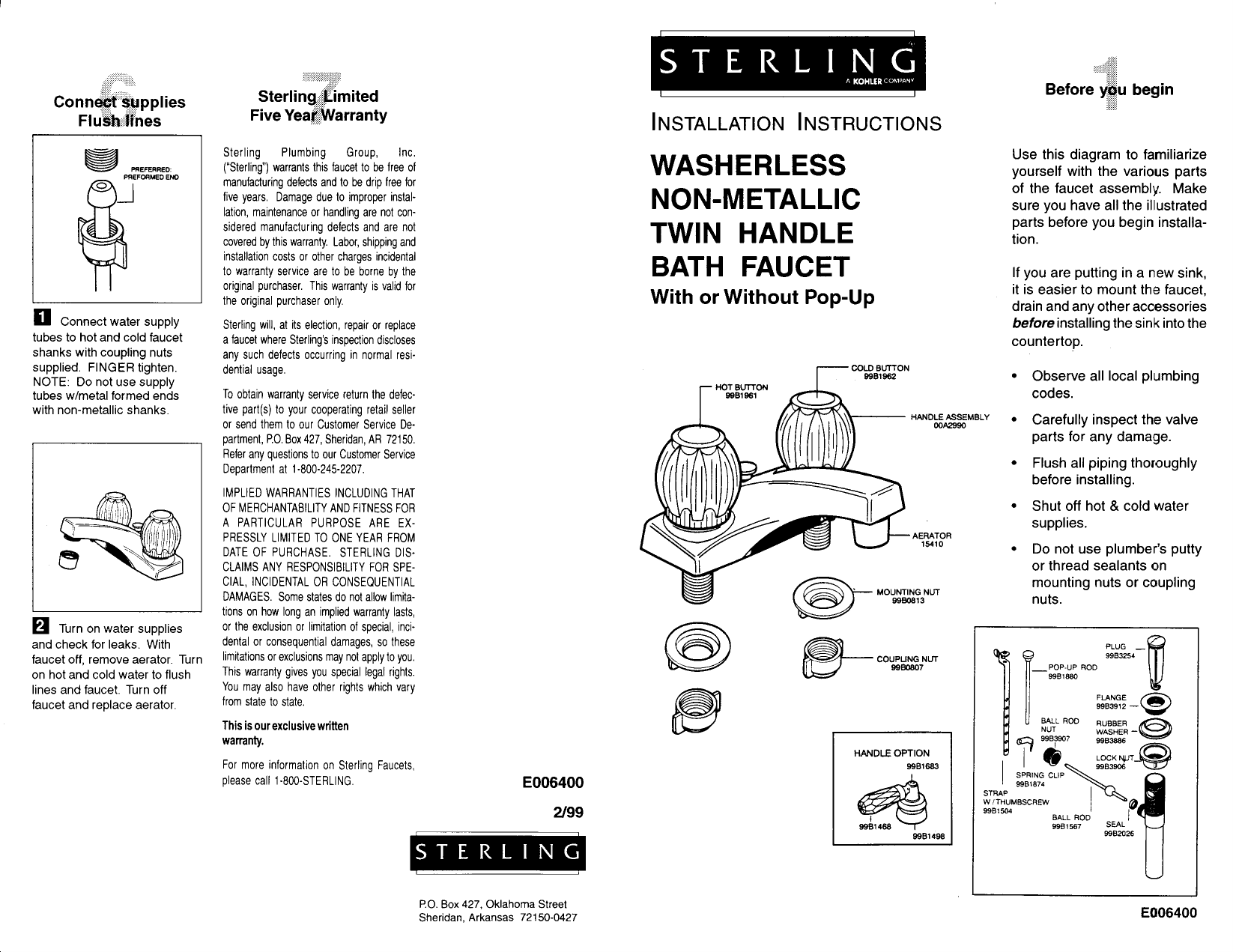 Page 1 of 2 - Sterling E006400 INSTALLATION INSTRUCTIONS-FAUCET, FI06372/06382 SERIES 063 WASHERLESS NON-METALLIC TEIN HANDLE BATH User Manual  To The 50d78ada-56e8-425b-ad23-dfa7d94c1150