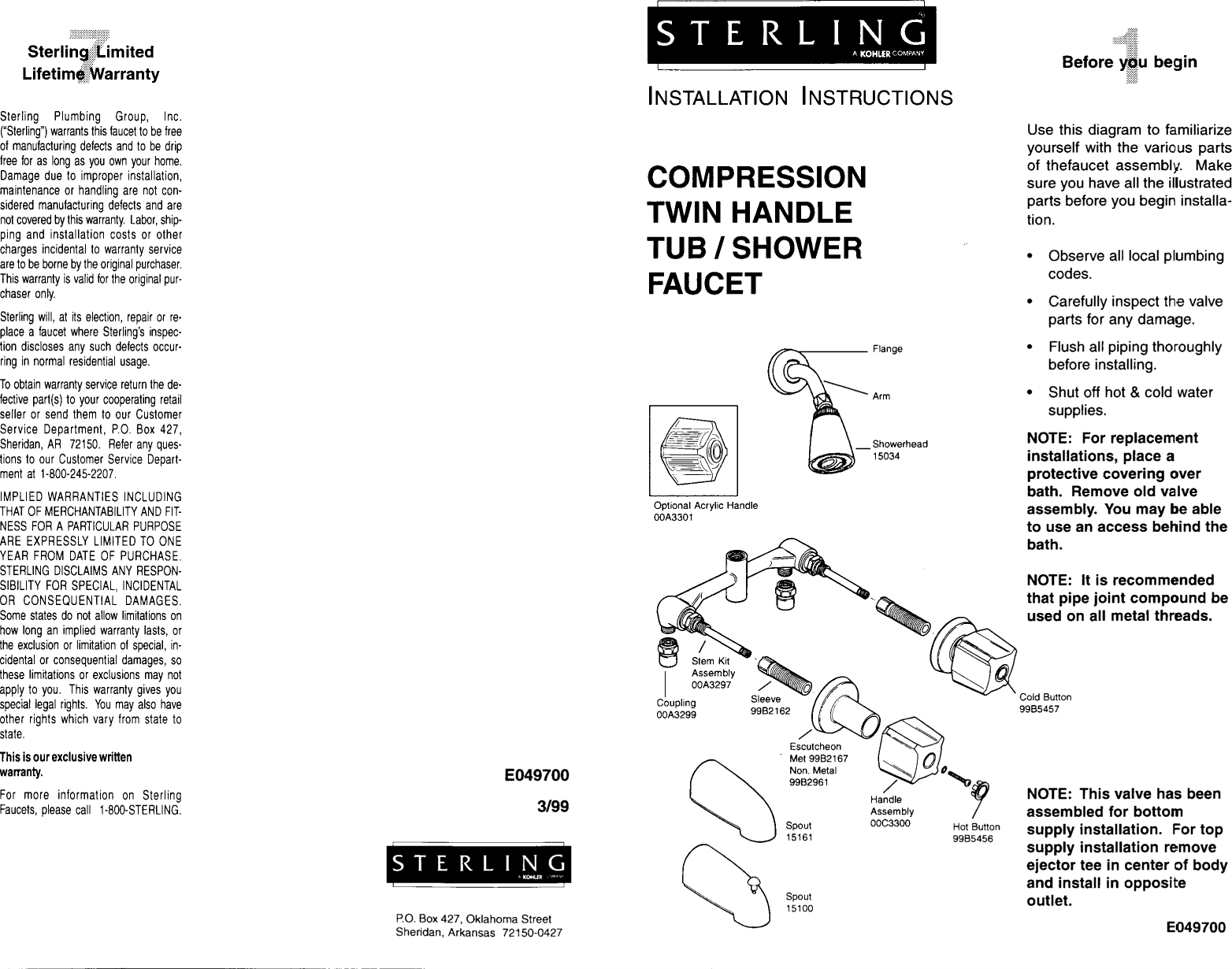 Sterling E049700 Installation Instructions Faucet Fi11221 12221