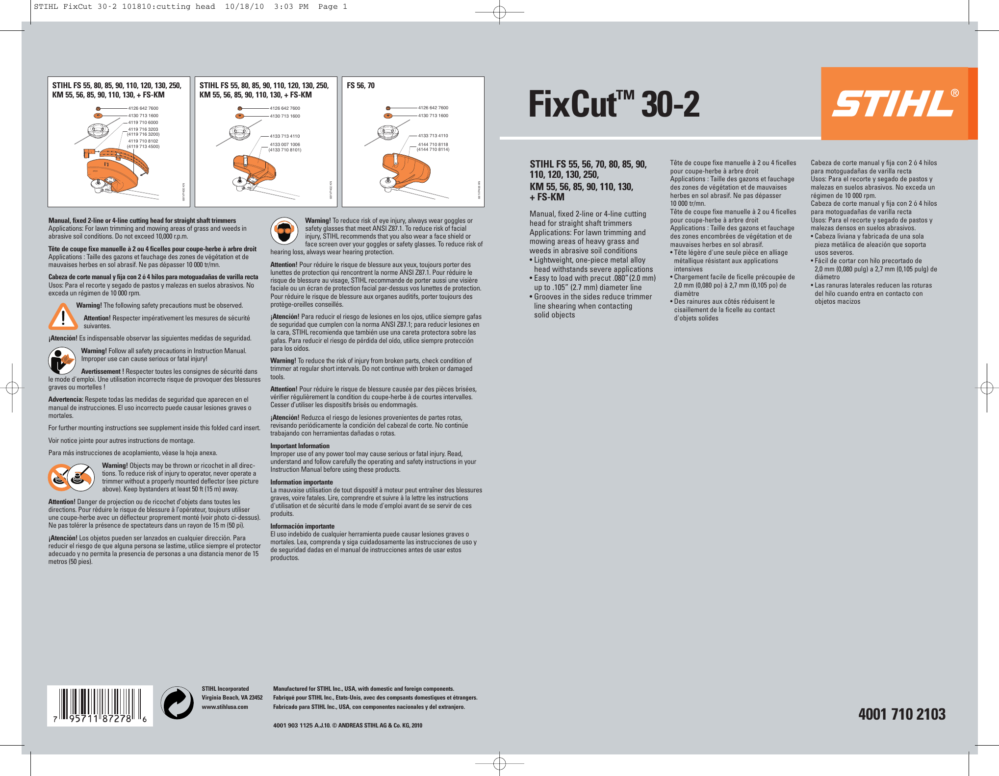 Stihl Fixcut 30 2 Trimmer Head Instruction Manual Cutting