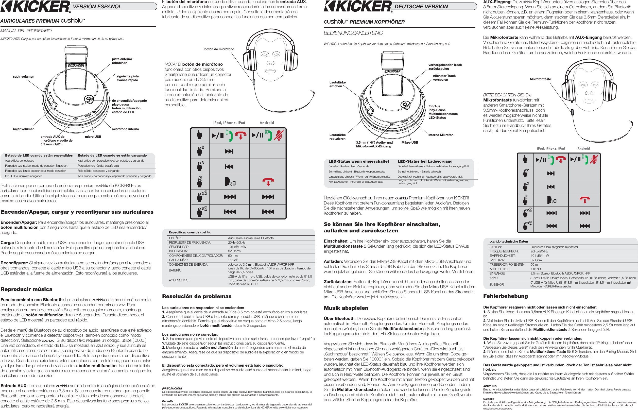 AURICULARES PREMIUM Cushblu™MANUAL DEL PROPIETARIOVERSIÓN ESPAÑOLCushblu™ PREMIUM KOPFHÖRERBEDIENUNGSANLEITUNGDEUTSCHE VERSIONBITTE BEACHTEN SIE: Die Mikrofontaste funktioniert mit anderen Smartphone-Geräten mit 3,5mm-Kopfhöreranschluss, doch es werden möglicherweise nicht alle Funktionen unterstützt.  Bitte lesen Sie hierzu im Handbuch Ihres Gerätes nach, ob das Gerät kompatibel ist. NOTA: El botón de micrófono funcionará con otros dispositivos Smartphone que utilicen un conector para auriculares de 3,5 mm, pero es posible que admitan solo funcionalidad limitada. Remítase a la documentación del fabricante de su dispositivo para determinar si es compatible.WICHTIG: Laden Sie die Kopfhörer vor dem ersten Gebrauch mindestens 5 Stunden lang auf. IMPORTANTE: Cargue por completo los auriculares 5 horas mínimo antes de su primer uso. CushBlu technische DatenDESIGN: Bluetooth-Ohrauﬂ iegende KopfhörerFREQUENZBEREICH: 20Hz–20kHzEMPFINDLICHKEIT: 101 dB/1mWIMPEDANZ: 32 OhmTREIBERKOMPONENTEN: 50 mmMAX. OUTPUT: 118 dBEINGÄNGE: 3,5mm Stereo; Bluetooth A2DP, AVRCP, HFPAKKU: 3.7V/600mAh Lithium-Ionen; Betriebsdauer: 10 Stunden; Ladezeit: 2,5 StundenZUBEHÖR: 5’ USB-A für Mikro-USB; 5’ 3,5 mm Stereokabel; 5’ 3,5 mm Stereokabel mit Mikrofon; KICKER-ReisetascheEspeciﬁ caciones de cushblu DISEÑO: Auriculares supraaurales BluetoothRESPUESTA DE FRECUENCIA: 20Hz–20kHzSENSIBILIDAD: 101 dB/1mWIMPEDANCIA: 32 OhmsCOMPONENTES DEL CONTROLADOR: 50 mm.SALIDA MÁX.: 118 dBCONEXIONES DE ENTRADA: estéreo de 3,5 mm; Bluetooth A2DP, AVRCP, HFPBATERÍA: iones de litio de 5V/600mAh; 10 horas de duración; tiempo de carga de 2,5 horasACCESORIOS:USB-A de 5’ a micro USB; cable de conexión estéreo de 5’ 3,5 mm; cable de conexión estéreo de 5’ 3,5 mm. con micrófono; Bolsa de viaje KICKERLautstärke erhöhensubir volumenEin/AusPlay-PauseMultifunktionstaste LED-Statusde encendido/apagadoplay-pausabotón multifunción estado de LEDvorhergehender Trackzurückspulenpista anteriorrebobinarLautstärke reduzierenbajar volumen3,5mm (1/8”) Audio- und Mikrofon-AUX-Eingangentrada AUX de micrófono y audio de 3,5 mm. (1/8”)interne Mikrofonmicrófono internoMikro-USBmicro USBnächster Trackvorspulensiguiente pistaavance rápido Mikrofontastebotón de micrófonoHerzlichen Glückwunsch zu Ihren neuen Cushblu Premium-Kopfhörern von KICKER! Diese Kopfhörer mit breitem Funktionsumfang begeistern jeden Audiofan. Befolgen Sie die nachstehenden Anweisungen, um so viel Spaß wie möglich mit Ihren neuen Kopfhörern zu haben. So können Sie Ihre Kopfhörer einschalten, auﬂ aden und zurücksetzenEinschalten: Um Ihre Kopfhörer ein- oder auszuschalten, halten Sie die Multifunktionstaste 2 Sekunden lang gedrückt, bis sich der LED-Status Ein/Aus eingestellt hat.Auﬂ aden: Verbinden Sie das Mikro-USB-Kabel mit dem Mikro-USB-Anschluss und schließen Sie dann das Standard-USB-Kabel an das Stromnetz an. Die Kopfhörer werden jetzt aufgeladen.  Sie können während des Ladevorgangs weiter Musik hören. Zurücksetzen: Sollten die Kopfhörer sich nicht ein- oder ausschalten lassen oder nicht auf andere Befehle reagieren, dann verbinden Sie das Mikro-USB-Kabel mit dem Mikro-USB-Anschluss und schließen Sie das Standard-USB-Kabel an das Stromnetz an.  Die Kopfhörer werden jetzt zurückgesetzt.Musik abspielenÜber Bluetooth: Die Cushblu Kopfhörer beﬁ nden sich beim ersten Einschalten automatisch im Bluetooth-Kopplungsmodus. Um den Bluetooth-Kopplungsmodus manuell zu wählen, halten Sie die Multifunktionstaste 5 Sekunden lang gedrückt. Im Kopplungsmodus blinkt der LED-Status in schneller Folge blau. Vergewissern Sie sich, dass im Bluetooth-Menü Ihres Audiogerätes Bluetooth eingeschaltet ist und suchen Sie nach verfügbaren Geräten. (Dies wird auch als „Suchmodus“ bezeichnet.) Wählen Sie CushBlu aus. Wenn Sie um einen Code ge-beten werden, geben Sie [ 0000 ] ein. Sobald die Kopfhörer mit dem Gerät gekoppelt wurden, leuchtet der LED-Status dauerhaft blau und Ihre Kopfhörer werden sich automatisch mit Ihrem Bluetooth-Audiogerät verbinden, wenn sie eingeschaltet sind und sich in Reichweite beﬁ nden. Die Kopfhörer können nur jeweils an ein Gerät gekoppelt werden.  Wenn Ihre Kopfhörer mit einem Telefon gekoppelt wurden und mit diesem verbunden sind, können Sie Anrufe entgegennehmen und beenden, indem Sie die Multifunktionstaste drücken und wieder loslassen. Um die Kopplungsliste zu löschen, damit sich die Kopfhörer nicht mehr automatisch mit einem Gerät verbin-den, wählen Sie den Kopplungsmodus der Kopfhörer. ¡Felicitaciones por su compra de auriculares premium Cushblu de KICKER! Estos auriculares con funcionalidades completas satisfacen las necesidades de cualquier amante del audio. Utilice las siguientes instrucciones para saber cómo aprovechar al máximo sus nuevos auriculares.Encender/Apagar, cargar y reconﬁ gurar sus auricularesEncender/Apagar: Para encender/apagar los auriculares, mantenga presionado el botón multifunción por 2 segundos hasta que el estado de LED sea encendido/apagado.Carga: Conectar el cable micro USB a su conector, luego conectar el cable USB estándar a la fuente de alimentación. Esto permitirá que se carguen los auriculares. Puede seguir escuchando música mientras se cargan.Reconﬁ gurar: Si alguna vez los auriculares no se encienden/apagan ni responden a otros comandos, conecte el cable micro USB a su conector y luego conecte el cable USB estándar a la fuente de alimentación. Esto reconﬁ gurará a los auriculares.Reproducir músicaFuncionamiento con Bluetooth: Los auriculares Cushblu estarán automáticamente en modo de conexión Bluetooth cuando se enciendan por primera vez. Para conﬁ gurarlos en modo de conexión Bluetooth en cualquier momento, mantenga presionado el botón multifunción durante 5 segundos. Durante dicho modo, el estado de LED mostrará un parpadeo azul rápido.Desde el menú de Bluetooth de su dispositivo de audio, asegúrese que esté activado el Bluetooth y comience a detectar dispositivos, también conocido como ‘modo detección’. Seleccione Cushblu. Si su dispositivo requiere un código, utilice [ 0000 ]. Una vez conectado, el estado de LED se mostrará en azul sólido, y sus auriculares automáticamente se conectarán a su dispositivo de audio con Bluetooth cuando se encuentre al alcance de la señal y encendido. Solo se podrá conectar un dispositivo a la vez. Cuando sus auriculares estén conectados con un teléfono, puede contestar y colgar llamadas presionando y soltando el botón multifunción. Para borrar la lista de conexión y evitar que los auriculares se reconecten automáticamente, conﬁ gure los auriculares en modo conexión.Entrada AUX: Los auriculares Cushblu admite la entrada analógica de conexión estéreo mediante el conector estéreo de 3,5 mm. Si se encuentra en un área que no permite Bluetooth, como un aeropuerto u hospital, o si tan sólo desea conservar la batería, conecte el cable estéreo de 3,5 mm. Esto desactivará las funciones premium de los auriculares, pero no necesitará energía.AndroidiPod, iPhone, iPadAndroidiPod, iPhone, iPadAUX-Eingang: Die Cushblu Kopfhörer unterstützen analogen Stereoton über den 3.5mm-Stereoeingang. Wenn Sie sich an einem Ort beﬁ nden, an dem Sie Bluetooth nicht nutzen können, z.B. an einem Flughafen oder in einem Krankenhaus, oder wenn Sie Akkuleistung sparen möchten, dann stecken Sie das 3,5mm Stereokabel ein. In diesem Fall können Sie die Premium-Funktionen der Kopfhörer nicht nutzen, verbrauchen aber auch keine Akkuleistung. Die Mikrofontaste kann während des Betriebs mit AUX-Eingang benutzt werden. Verschiedene Geräte und Betriebssysteme reagieren unterschiedlich auf Tastenbefehle. Bitte halten Sie sich an untenstehende Tabelle als grobe Richtlinie. Konsultieren Sie das Handbuch Ihres Gerätes, um herauszuﬁ nden, welche Funktionen unterstützt werden. El botón del micrófono se puede utilizar cuando funciona con la entrada AUX. Algunos dispositivos y sistemas operativos responderán a los comandos de forma distinta. Utilice el siguiente cuadro como guía. Consulte la documentación del fabricante de su dispositivo para conocer las funciones que son compatibles.LED-Status wenn eingeschaltet  LED-Status bei LadevorgangDauerhaft blau leuchtend - Verbunden Dauerhaft blau mit rotem Blinken - Verbunden, Ladevorgang läuftSchnell blau blinkend - Bluetooth-Kopplungsmodus Schnell rot blinkend - Batterie schwachLangsam blau blinkend - Warten auf Verbindungsmodus Dauerhaft rot leuchtend - Ausgeschaltet, Ladevorgang läuftKein LED leuchtet - Kopfhörer sind ausgeschaltet Langsam blau und rot blinkend - Warten auf Verbindungsmodus, Ladevorgang läuftEstado de LED cuando están encendidos Estado de LED cuando se están cargandoAzul sólido: conectados Azul sólido con parpadeo rojo: conectados y cargandoParpadeo azul rápido: modo de conexión Bluetooth Parpadeo rojo rápido: batería bajaParpadeo azul lento: esperando al modo conexión Rojo sólido: apagados y cargandoSin LED: auriculares apagados Azul sólido y parpadeo rojo: esperando conexión y cargandoFehlerbehebungDie Kopfhörer reagieren nicht oder lassen sich nicht einschalten: 1. Stellen Sie sicher, dass das 3,5mm AUX-Eingangs-Kabel nicht an die Kopfhörer angeschlossen ist. 2. Verbinden Sie das Mikro-USB-Kabel mit den Kopfhörern und schließen Sie das Standard-USB-Kabel an eine zuverlässige Stromquelle an.  Laden Sie das Gerät mindestens 2,5 Stunden lang auf und halten Sie anschließend die Multifunktionstaste 2 Sekunden lang gedrückt.Die Kopfhörer lassen sich nicht koppeln oder verbinden: 1. Wenn Sie zuvor gepaart Sie Ihr Gerät mit diesem Kopfhörer, dann bitte “Pairing aufheben” oder “Vergessen Sie dieses Gerät” nach den Anweisungen für Ihr Quellgerät.2. Drücken und halten Sie die Multifunktions-Taste für 5 Sekunden, um den Pairing-Modus. Stel-len Sie sicher, dass Ihr Audiogerät scannt oder im “Discovery-Modus ‘.Das Gerät wurde gekoppelt und ist verbunden, doch der Ton ist sehr leise oder nicht hörbar: Vergewissern Sie sich, dass die Lautstärke an Ihrem Audiogerät sich mindestens auf halber Stärke beﬁ ndet und stellen Sie dann die gewünschte Lautstärke an Ihren Kopfhörern ein.ACHTUNG!Eine zu hohe Lautstärke kann das Gehör dauerhaft schädigen.  Außer Reichweite von Kindern halten. Der Inhalt dieses Pakets umfasst Kleinteile, die verschluckt werden können, und Kabel, die zu Strangulieren führen können. GarantieProdukte von KICKER verfügen über eine Mängelhaftung.  Die Gültigkeitsdauer und Bedingungen dieser Garantie hängen von den Gesetzen des Landes ab, in dem Sie das Produkt erworben haben.  Weitere Informationen erhalten Sie bei Ihrem KICKER-Händler vor Ort oder auf www.kicker.com/warranty.Resolución de problemasLos auriculares no responden ni se encienden: 1. Asegúrese que el cable de la entrada AUX de 3,5 mm no esté enchufado en los auriculares.2. Conecte el cable micro USB a los auriculares y el cable USB estándar a una fuente de alimentación conﬁ able. Permita que el dispositivo se cargue como mínimo 2,5 horas, luego mantenga presionado el botón multifunción durante 2 segundos.Los auriculares no se conectan: 1. Si ha emparejado previamente el dispositivo con estos auriculares, entonces por favor “Unpair” o “Olvídate de este dispositivo” según las instrucciones para su dispositivo fuente. 2. Mantenga pulsado el botón multifunción durante 5 segundos para entrar en el modo de emparejamiento. Asegúrese de que su dispositivo de audio es la exploración o en ‘modo de descubrimiento’.El dispositivo está conectado, pero el volumen está bajo o inaudible: Asegúrese que el volumen de su dispositivo de audio esté subido al menos hasta la mitad, luego ajuste el volumen de sus auriculares.¡PRECAUCIÓN!La exposición a niveles de sonido excesivos puede causar un daño auditivo permanente. Mantenga lejos del alcance de los niños. El contenido del paquete incluye pequeñas piezas y cables que pueden causar asﬁ xia o estrangulamiento.GarantíaLos productos KICKER se encuentran cubiertos contra defectos. La duración y los términos de la garantía dependen de las leyes del país donde fueron adquiridos. Para más información, consulte a su distribuidor local de KICKER o visite www.kicker.com/warranty.