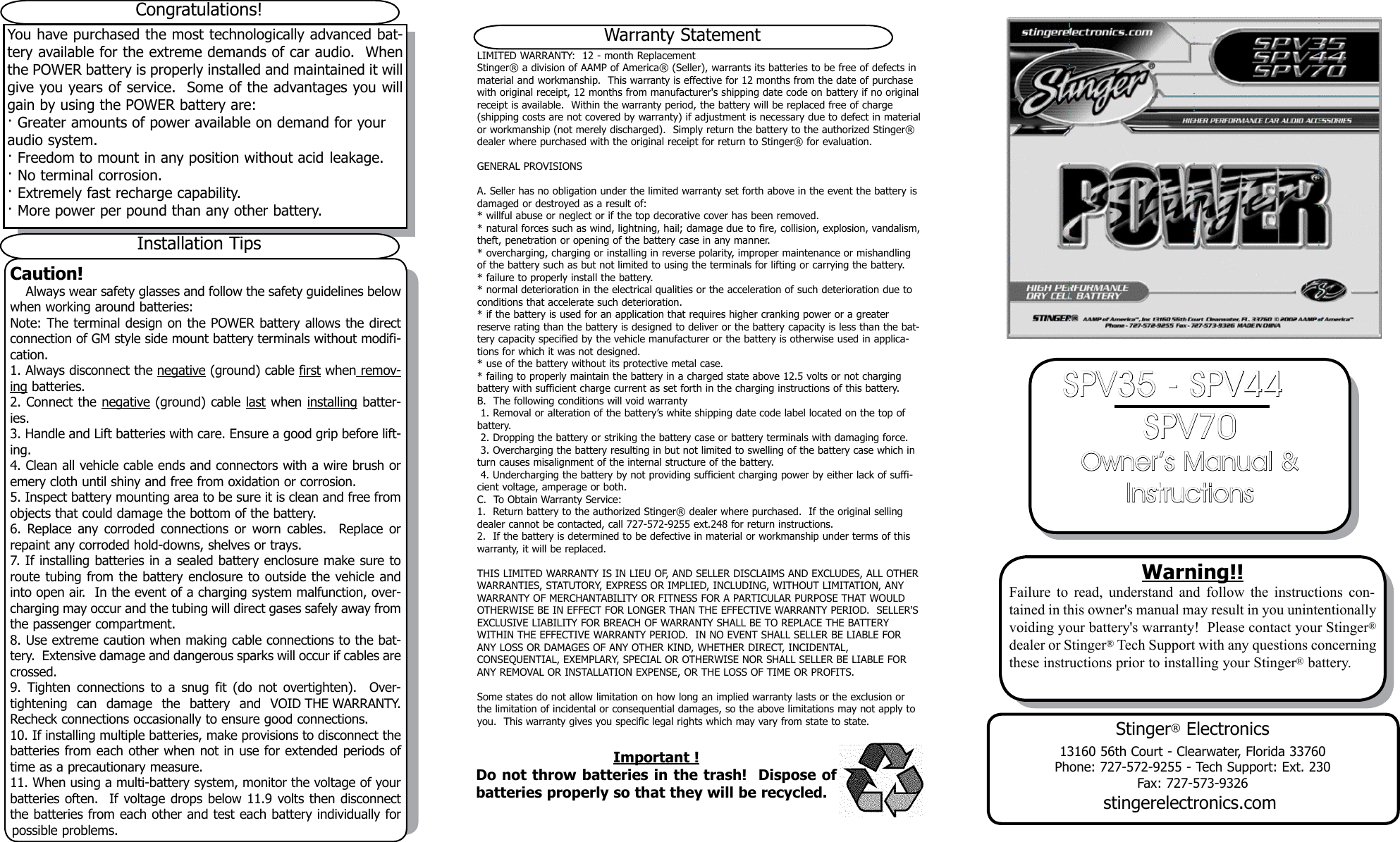 Page 1 of 2 - Stinger Stinger-Stinger-Power-Series-1050-Amp-Battery-Spv70-Users-Manual-  Stinger-stinger-power-series-1050-amp-battery-spv70-users-manual
