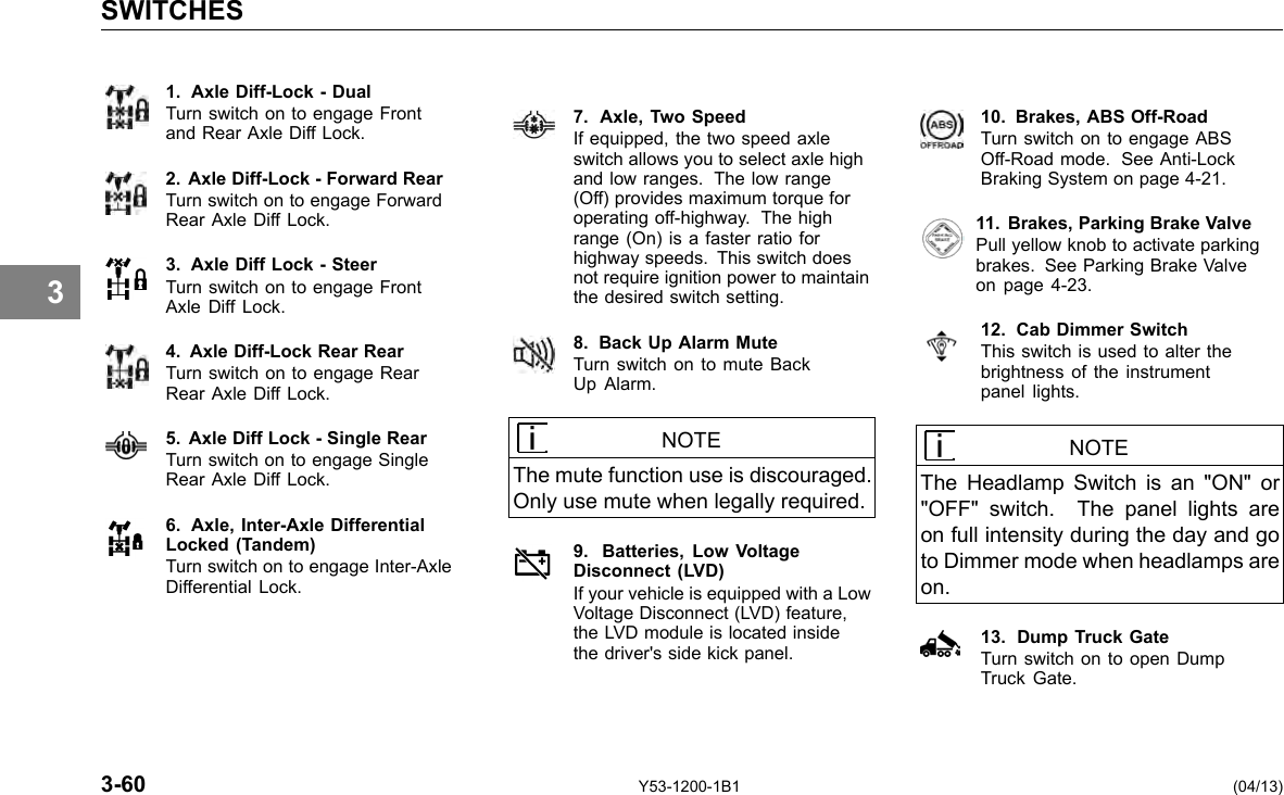 SWITCHES 3 1. Axle Diff-Lock - Dual Turn switch on to engage Front and Rear Axle Diff Lock. 2. Axle Diff-Lock -Forward Rear Turn switch on to engage Forward Rear Axle Diff Lock. 3. Axle Diff Lock - Steer Turn switch on to engage Front Axle Diff Lock. 4. Axle Diff-Lock Rear Rear Turn switch on to engage Rear Rear Axle Diff Lock. 5. Axle Diff Lock - Single Rear Turn switch on to engage Single Rear Axle Diff Lock. 6. Axle, Inter-Axle Differential Locked (Tandem) Turn switch on to engage Inter-Axle Differential Lock. 7. Axle, Two Speed If equipped, the two speed axle switch allows you to select axle high and low ranges. The low range (Off) provides maximum torque for operating off-highway. The high range (On) is a faster ratio for highway speeds. This switch does not require ignition power to maintain the desired switch setting. 8. Back Up Alarm Mute Turn switch on to mute Back Up Alarm. NOTE The mute function use is discouraged. Only use mute when legally required. 9. Batteries, Low VoltageDisconnect (LVD) If your vehicle is equipped with a Low Voltage Disconnect (LVD) feature, the LVD module is located inside the driver&apos;s side kick panel. 10. Brakes, ABS Off-Road Turn switch on to engage ABS Off-Road mode. See Anti-Lock Braking System on page 4-21. 11. Brakes, Parking Brake Valve Pull yellow knob to activate parking brakes. See Parking Brake Valve on page 4-23. 12. Cab Dimmer Switch This switch is used to alter the brightness of the instrument panel lights. NOTE The Headlamp Switch is an &quot;ON&quot; or &quot;OFF&quot; switch. The panel lights are on full intensity during the day and go to Dimmer mode when headlamps are on. 13. Dump Truck Gate Turn switch on to open Dump Truck Gate. 3-60 Y53-1200-1B1 (04/13) 