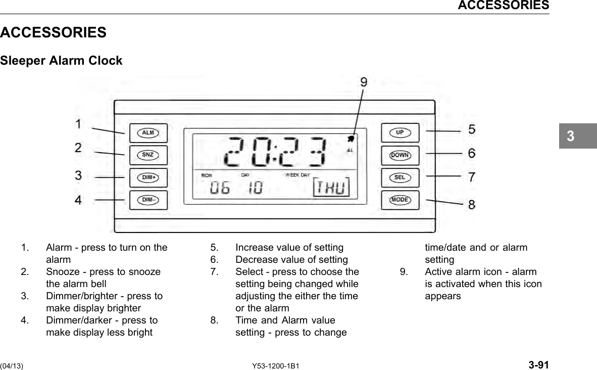 ACCESSORIES ACCESSORIES Sleeper Alarm Clock 3 1. Alarm - press to turn on the alarm 5. 6. Increase value of setting Decrease value of setting time/date and or alarm setting 2. Snooze - press to snooze the alarm bell 7. Select - press to choose the setting being changed while 9. Active alarm icon - alarm is activated when this icon 3. Dimmer/brighter - press to make display brighter adjusting the either the time or the alarm appears 4. Dimmer/darker - press to make display less bright 8. Time and Alarm value setting - press to change (04/13) Y53-1200-1B1 3-91 