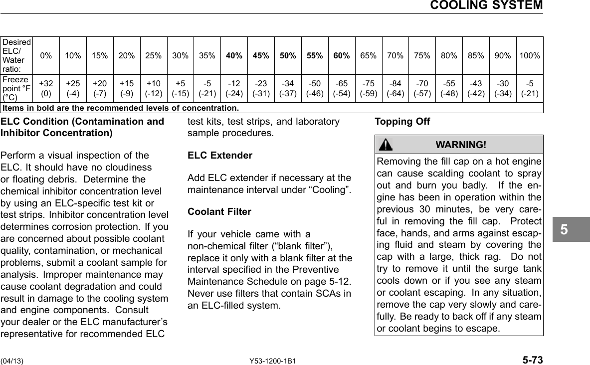 COOLING SYSTEM Desired ELC/ Water ratio: 0% 10% 15% 20% 25% 30% 35% 40% 45% 50% 55% 60% 65% 70% 75% 80% 85% 90% 100% Freeze point °F (°C) +32 (0) +25 (-4) +20 (-7) +15 (-9) +10 (-12) +5 (-15) -5 (-21) -12 (-24) -23 (-31) -34 (-37) -50 (-46) -65 (-54) -75 (-59) -84 (-64) -70 (-57) -55 (-48) -43 (-42) -30 (-34) -5 (-21) Items in bold are the recommended levels of concentration. ELC Condition (Contamination and Inhibitor Concentration) Perform a visual inspection of the ELC. It should have no cloudiness or oating debris. Determine the chemical inhibitor concentration level by using an ELC-specic test kit or test strips. Inhibitor concentration level determines corrosion protection. If you are concerned about possible coolant quality, contamination, or mechanical problems, submit a coolant sample for analysis. Improper maintenance may cause coolant degradation and could result in damage to the cooling system and engine components. Consult your dealer or the ELC manufacturer’s representative for recommended ELC test kits, test strips, and laboratory sample procedures. ELC Extender Add ELC extender if necessary at the maintenance interval under “Cooling”. Coolant Filter If your vehicle came with a non-chemical lter (“blank lter”), replace it only with a blank lter at the interval specied in the Preventive Maintenance Schedule on page 5-12. Never use lters that contain SCAs in an ELC-lled system. Topping Off WARNING! Removing the ll cap on a hot engine can cause scalding coolant to spray out and burn you badly. If the en-gine has been in operation within the previous 30 minutes, be very care-ful in removing the ll cap. Protect face, hands, and arms against escap-ing uid and steam by covering the cap with a large, thick rag. Do not try to remove it until the surge tank cools down or if you see any steam or coolant escaping. In any situation, remove the cap very slowly and care-fully. Be ready to back off if any steam or coolant begins to escape. 5 (04/13) Y53-1200-1B1 5-73 