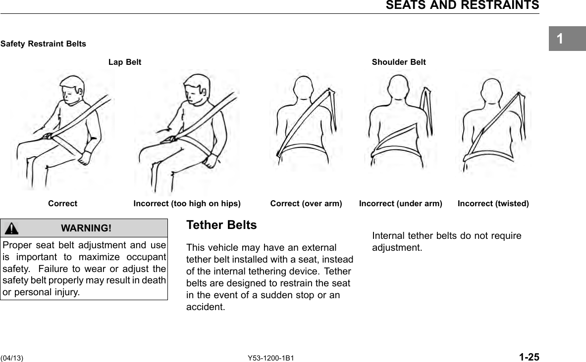 SEATS AND RESTRAINTS 1Safety Restraint Belts Lap Belt Shoulder Belt Correct Incorrect (too high on hips) Correct (over arm) Incorrect (under arm) Incorrect (twisted) WARNING! Tether Belts Internal tether belts do not require Proper seat belt adjustment and use This vehicle may have an external adjustment.is important to maximize occupant tether belt installed with a seat, instead safety. Failure to wear or adjust the of the internal tethering device. Tether safety belt properly may result in death belts are designed to restrain the seat or personal injury. in the event of a sudden stop or an accident. (04/13) Y53-1200-1B1 1-25 