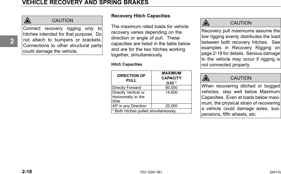VEHICLE RECOVERY AND SPRING BRAKES Recovery Hitch Capacities 2 CAUTION Connect recovery rigging only to hitches intended for that purpose. Do not attach to bumpers or brackets. Connections to other structural parts could damage the vehicle. The maximum rated loads for vehicle recovery varies depending on the direction or angle of pull. These capacities are listed in the table below and are for the two hitches working together, simultaneously. Hitch Capacities DIRECTION OF PULL MAXIMUM CAPACITY (Lb) * Directly Forward 80,000 Directly Vertical or Horizontally to the Side 14,600 45º in any Direction 20,000 * Both hitches pulled simultaneously. CAUTION CAUTION Recovery pull maximums assume the tow rigging evenly distributes the load between both recovery hitches. See examples in Recovery Rigging on page 2-19 for details. Serious damage to the vehicle may occur if rigging is not connected properly. When recovering ditched or bogged vehicles, stay well below Maximum Capacities. Even at loads below maxi-mum, the physical strain of recovering a vehicle could damage axles, sus-pensions, fth wheels, etc. 2-18 Y53-1200-1B1 (04/13) 